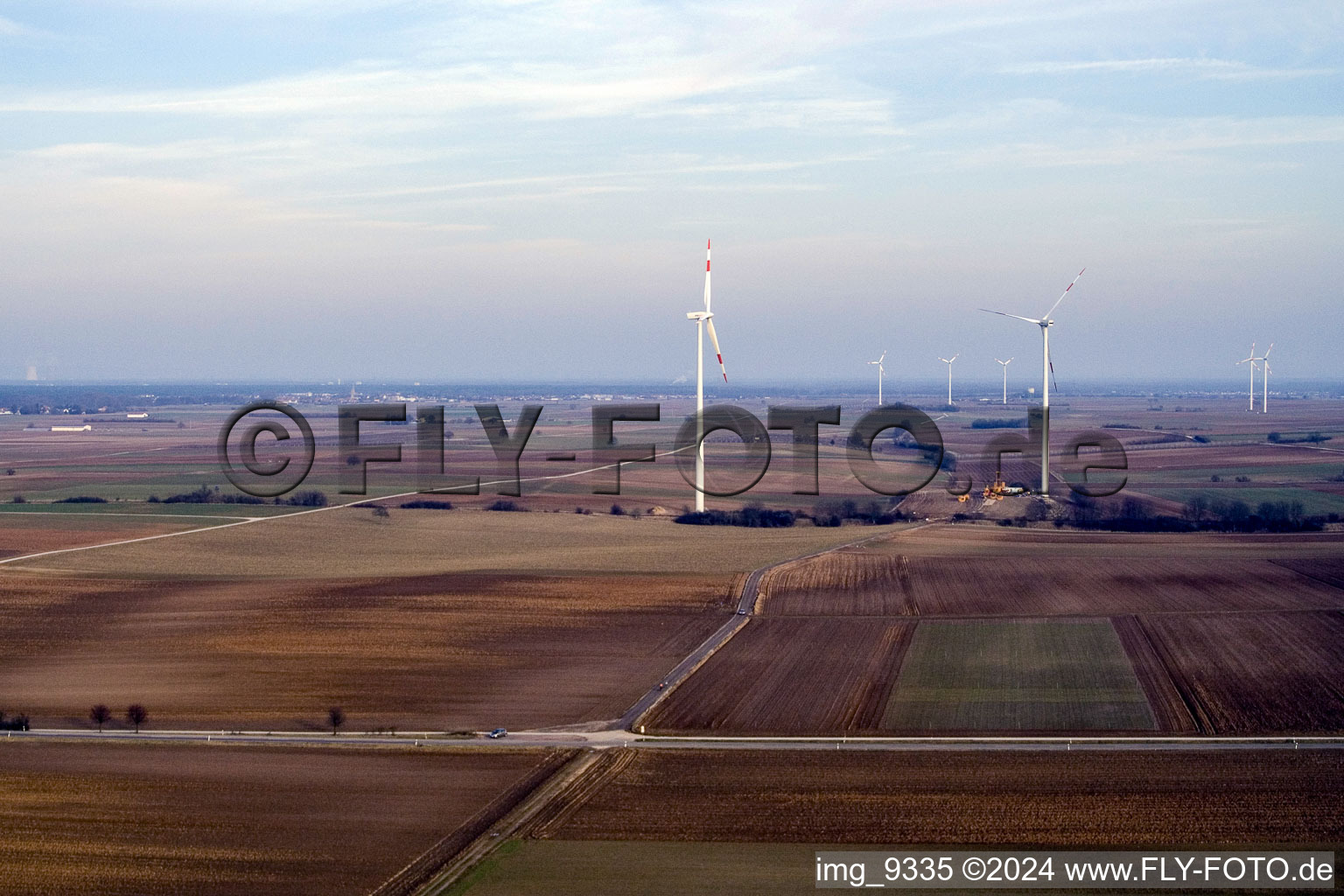 Aerial view of Wind turbines in Offenbach an der Queich in the state Rhineland-Palatinate, Germany