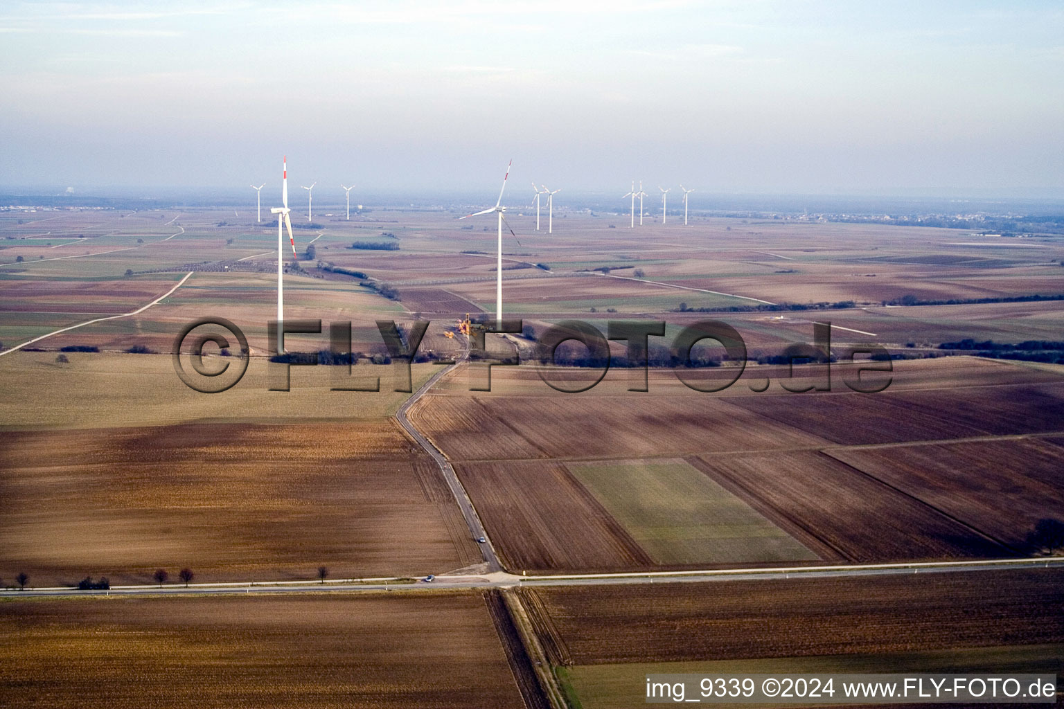 Aerial photograpy of Wind turbines in Offenbach an der Queich in the state Rhineland-Palatinate, Germany