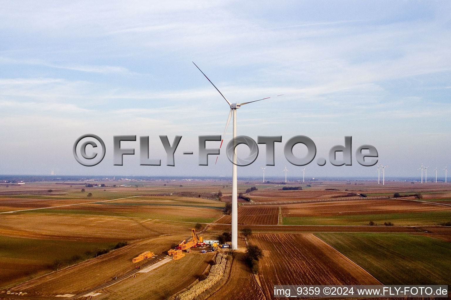 Oblique view of Wind turbines in Offenbach an der Queich in the state Rhineland-Palatinate, Germany