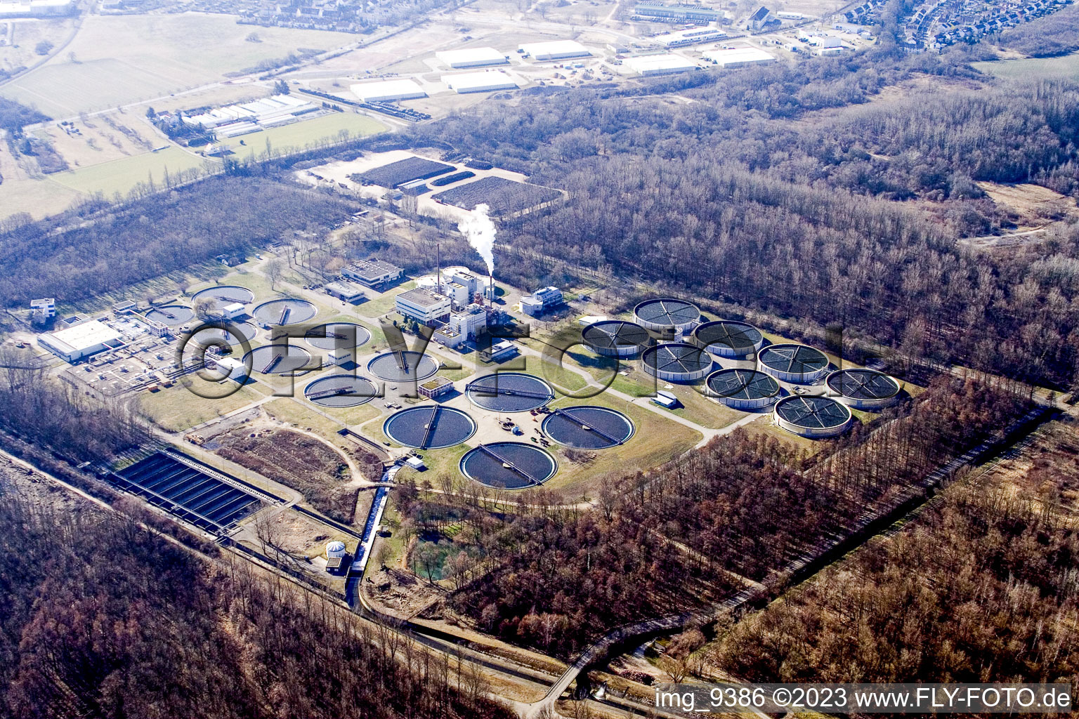 Oblique view of Sewage treatment plant in the district Neureut in Karlsruhe in the state Baden-Wuerttemberg, Germany