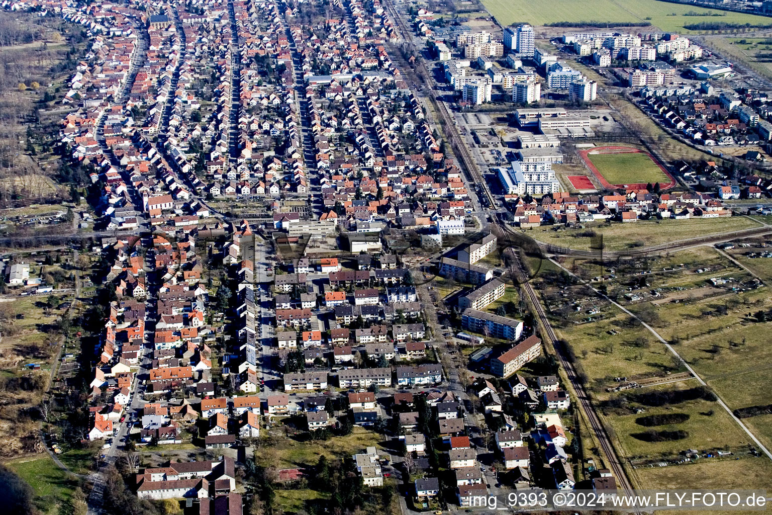 Aerial view of From the south in the district Neureut in Karlsruhe in the state Baden-Wuerttemberg, Germany