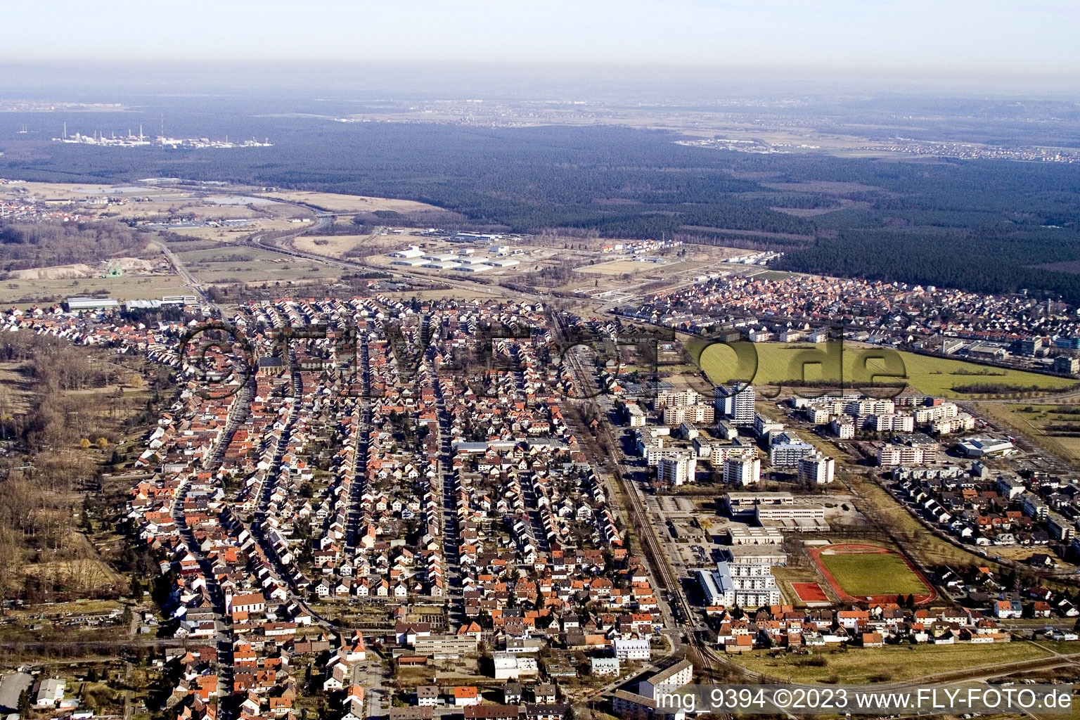 Aerial photograpy of From the south in the district Neureut in Karlsruhe in the state Baden-Wuerttemberg, Germany