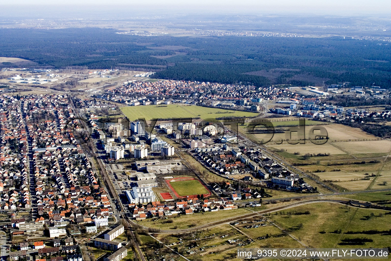 Oblique view of From the south in the district Neureut in Karlsruhe in the state Baden-Wuerttemberg, Germany