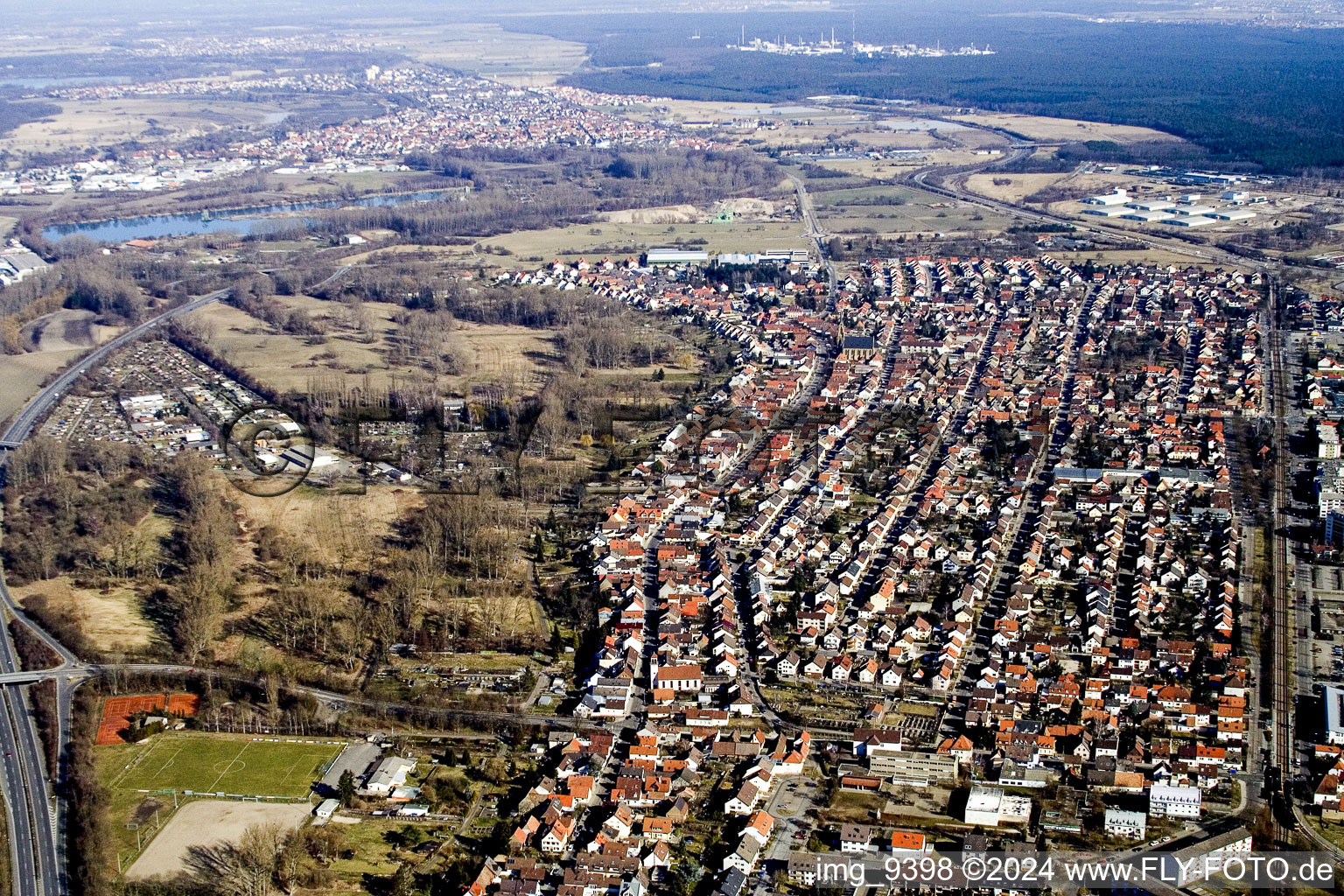 From the south in the district Neureut in Karlsruhe in the state Baden-Wuerttemberg, Germany out of the air