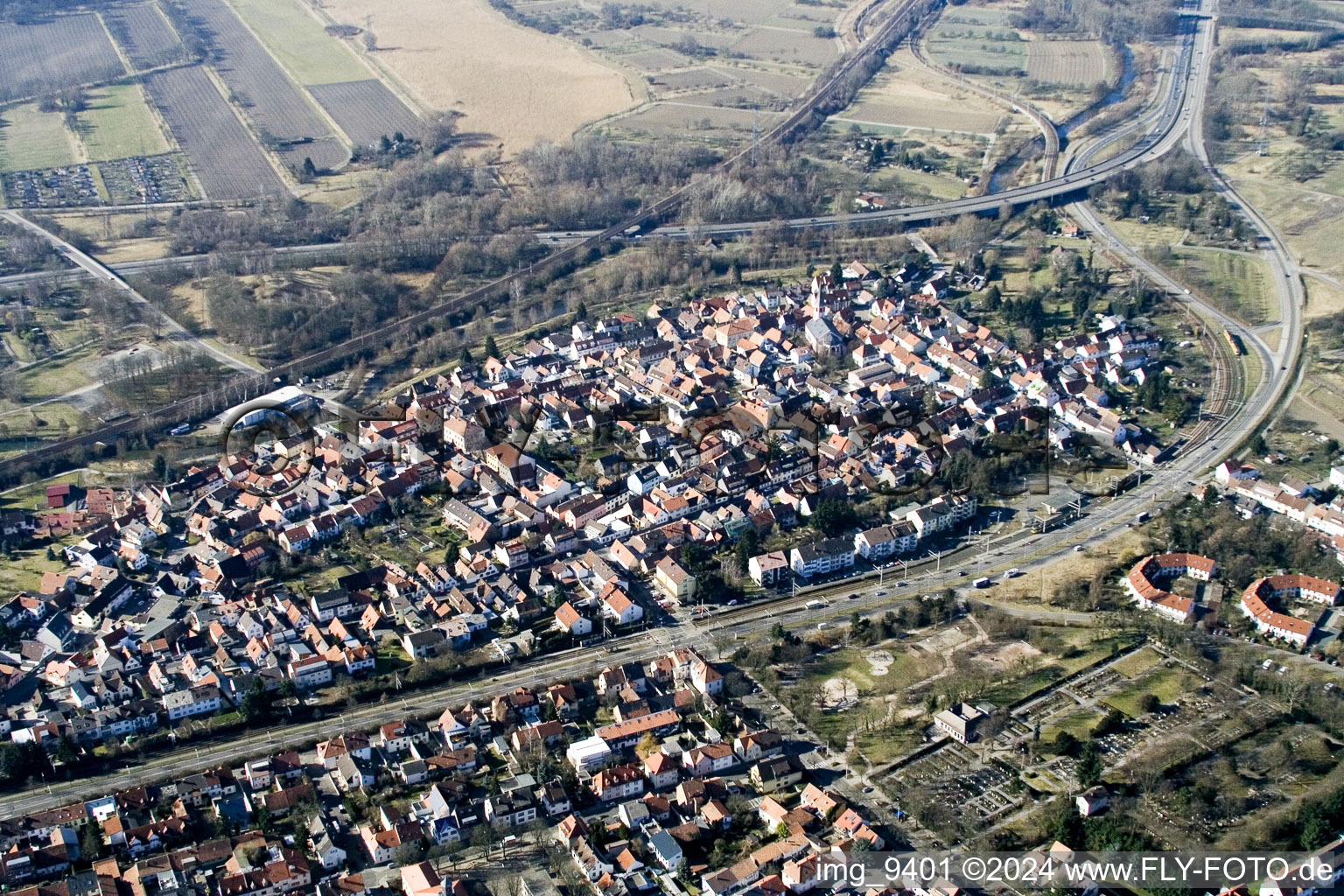 From the north in the district Knielingen in Karlsruhe in the state Baden-Wuerttemberg, Germany