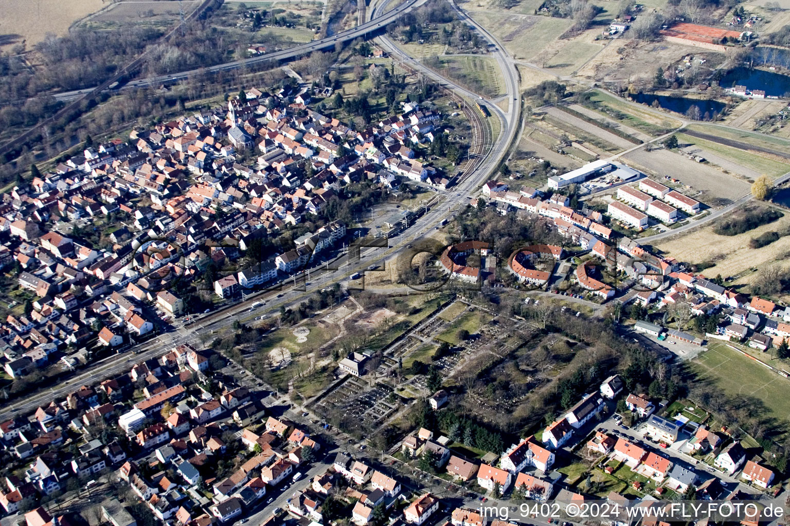 Aerial view of From the north in the district Knielingen in Karlsruhe in the state Baden-Wuerttemberg, Germany