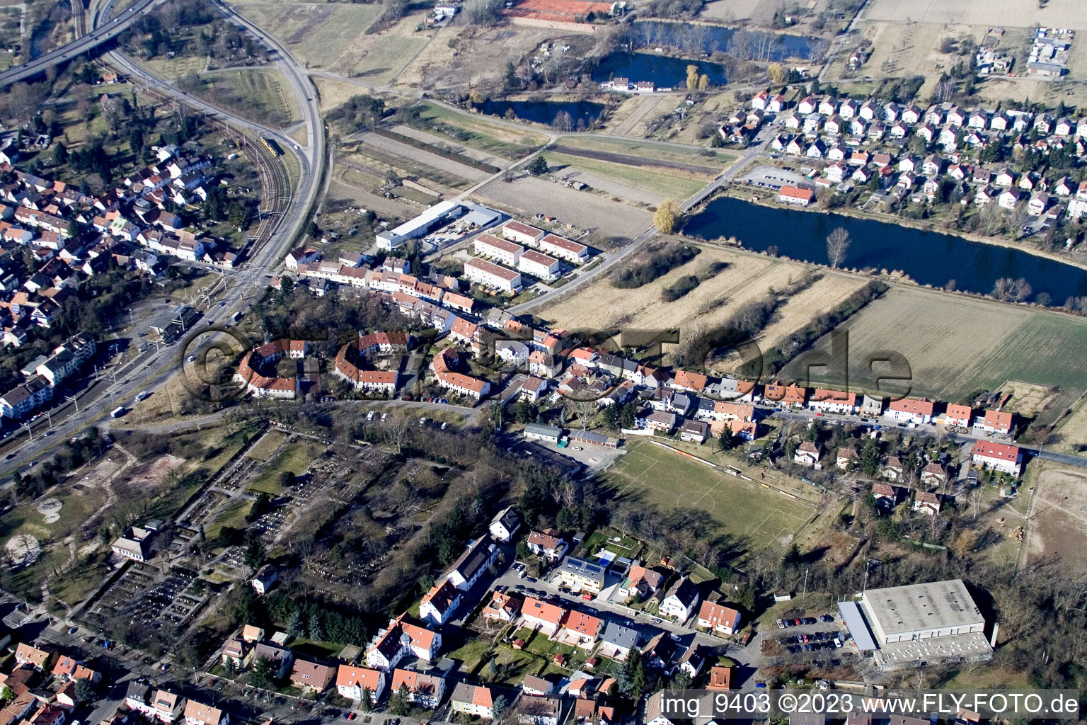District Knielingen in Karlsruhe in the state Baden-Wuerttemberg, Germany seen from a drone