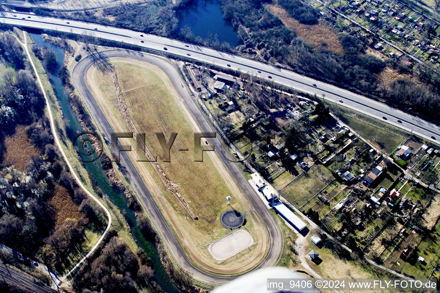 Aerial view of Horse racing track in the district Knielingen in Karlsruhe in the state Baden-Wuerttemberg, Germany