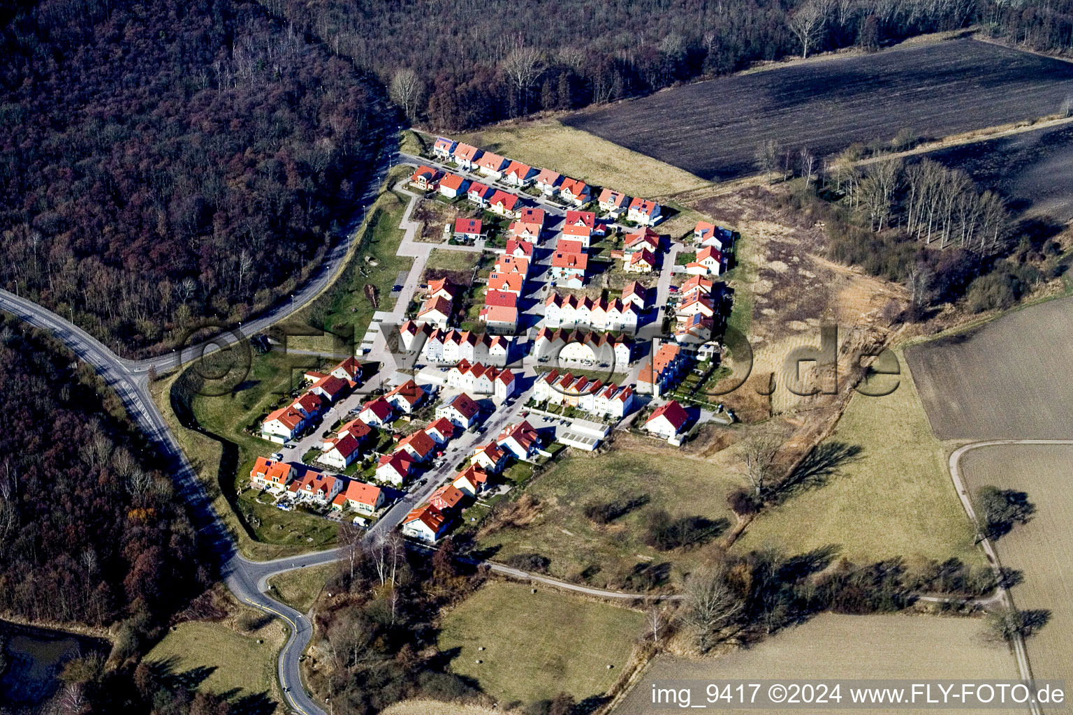 New development area Fuchsäcker from the east in Wörth am Rhein in the state Rhineland-Palatinate, Germany