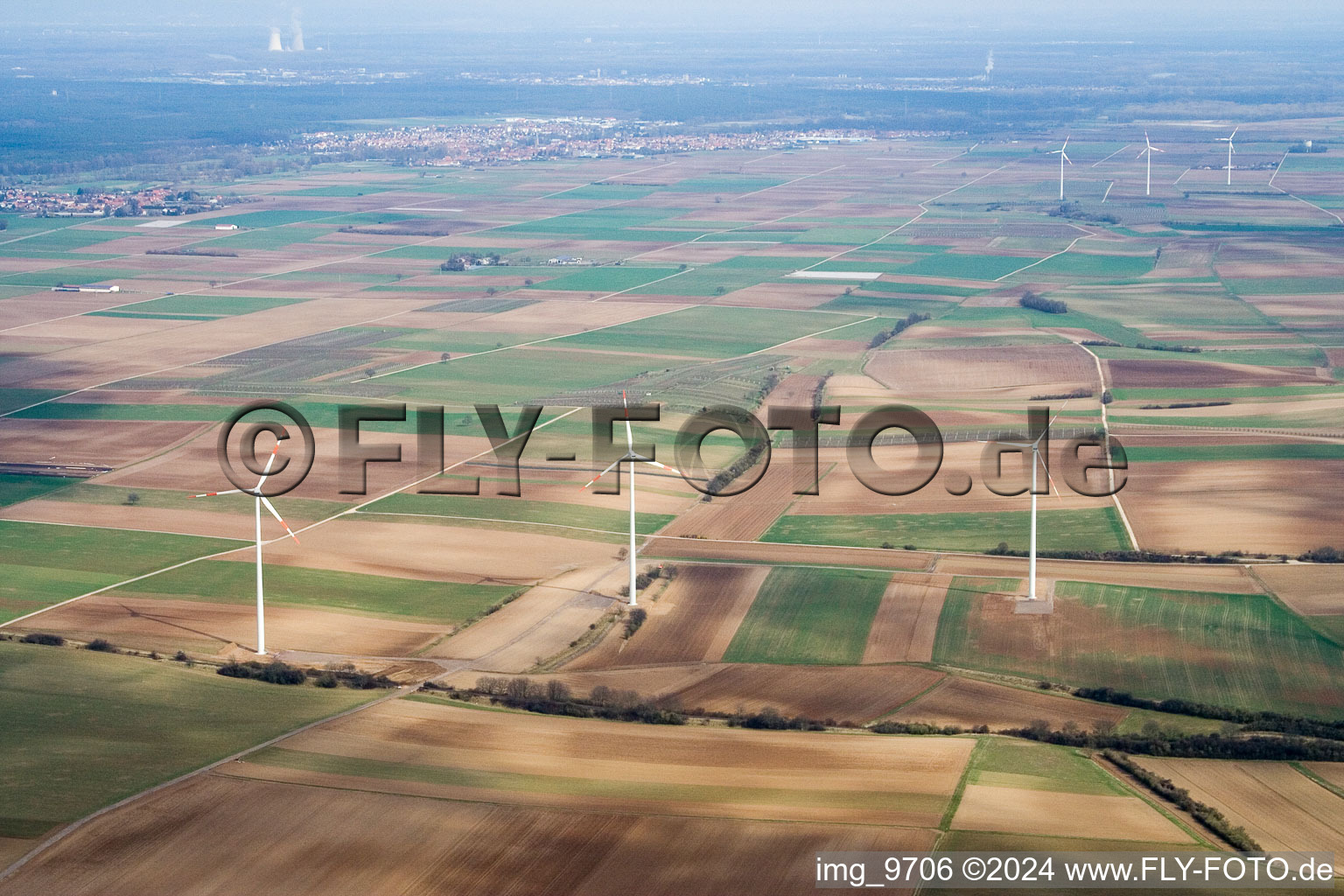 Wind turbines in Offenbach an der Queich in the state Rhineland-Palatinate, Germany from above