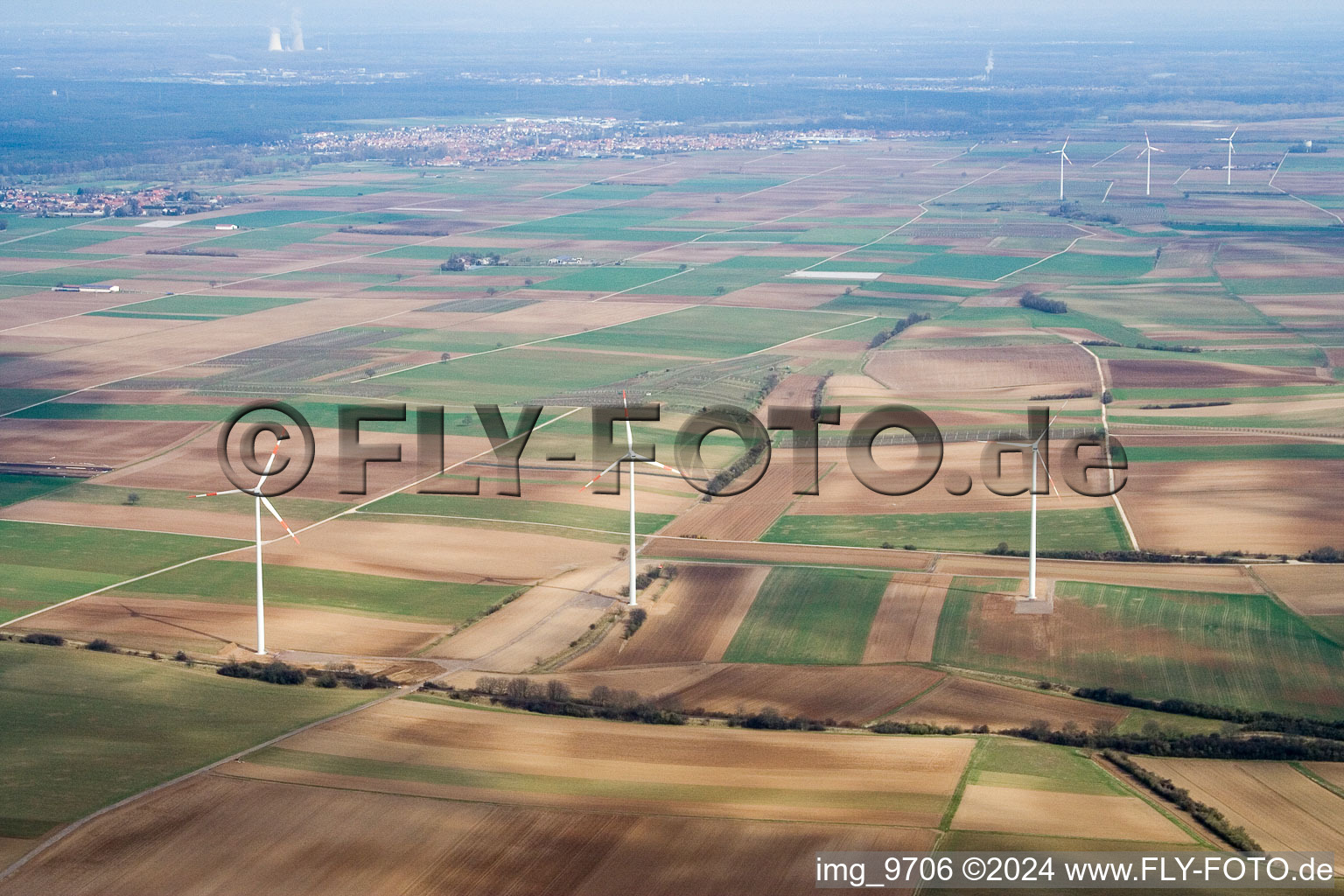 Wind turbines in the district Offenbach in Offenbach an der Queich in the state Rhineland-Palatinate, Germany viewn from the air