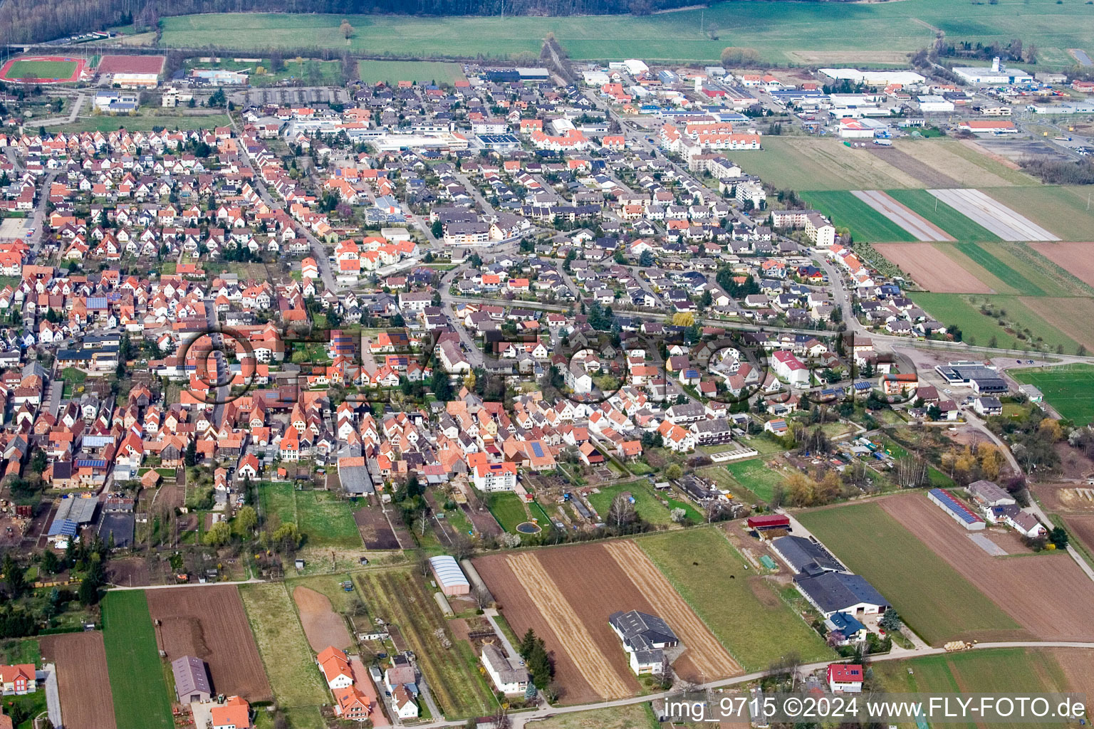 From the southwest in Offenbach an der Queich in the state Rhineland-Palatinate, Germany out of the air