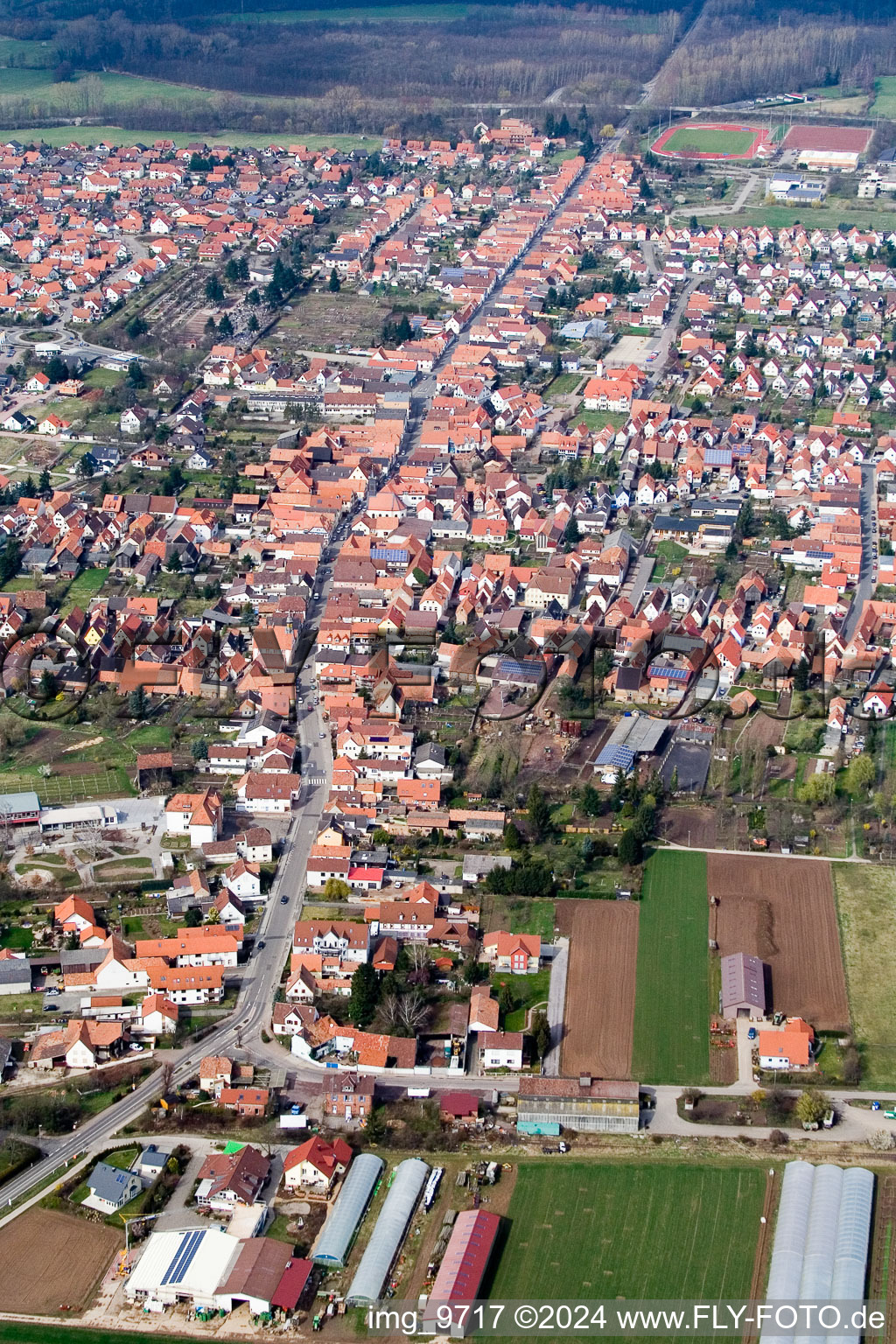 From the southwest in Offenbach an der Queich in the state Rhineland-Palatinate, Germany from the plane