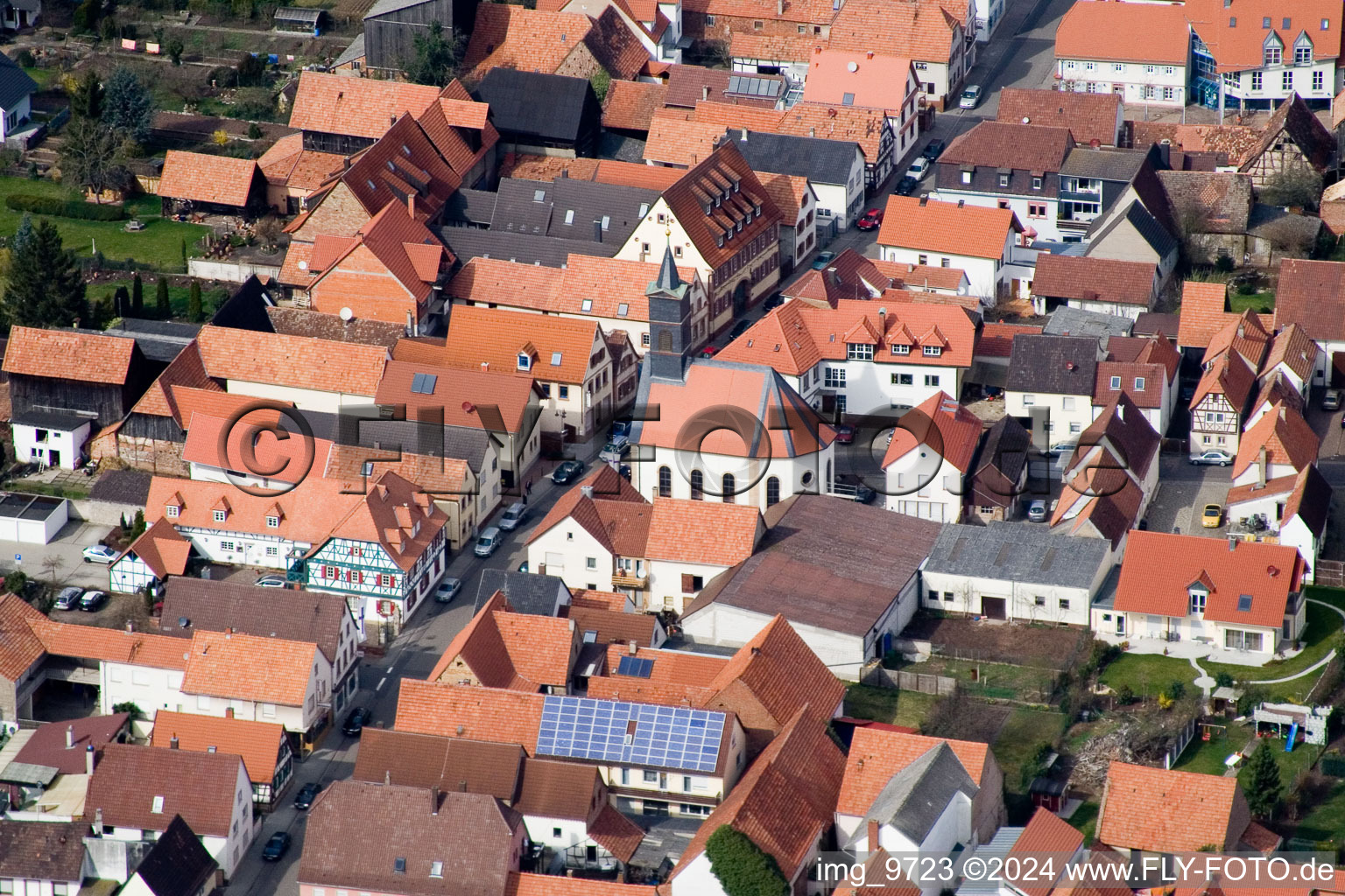 Aerial view of Hauptstr in Offenbach an der Queich in the state Rhineland-Palatinate, Germany