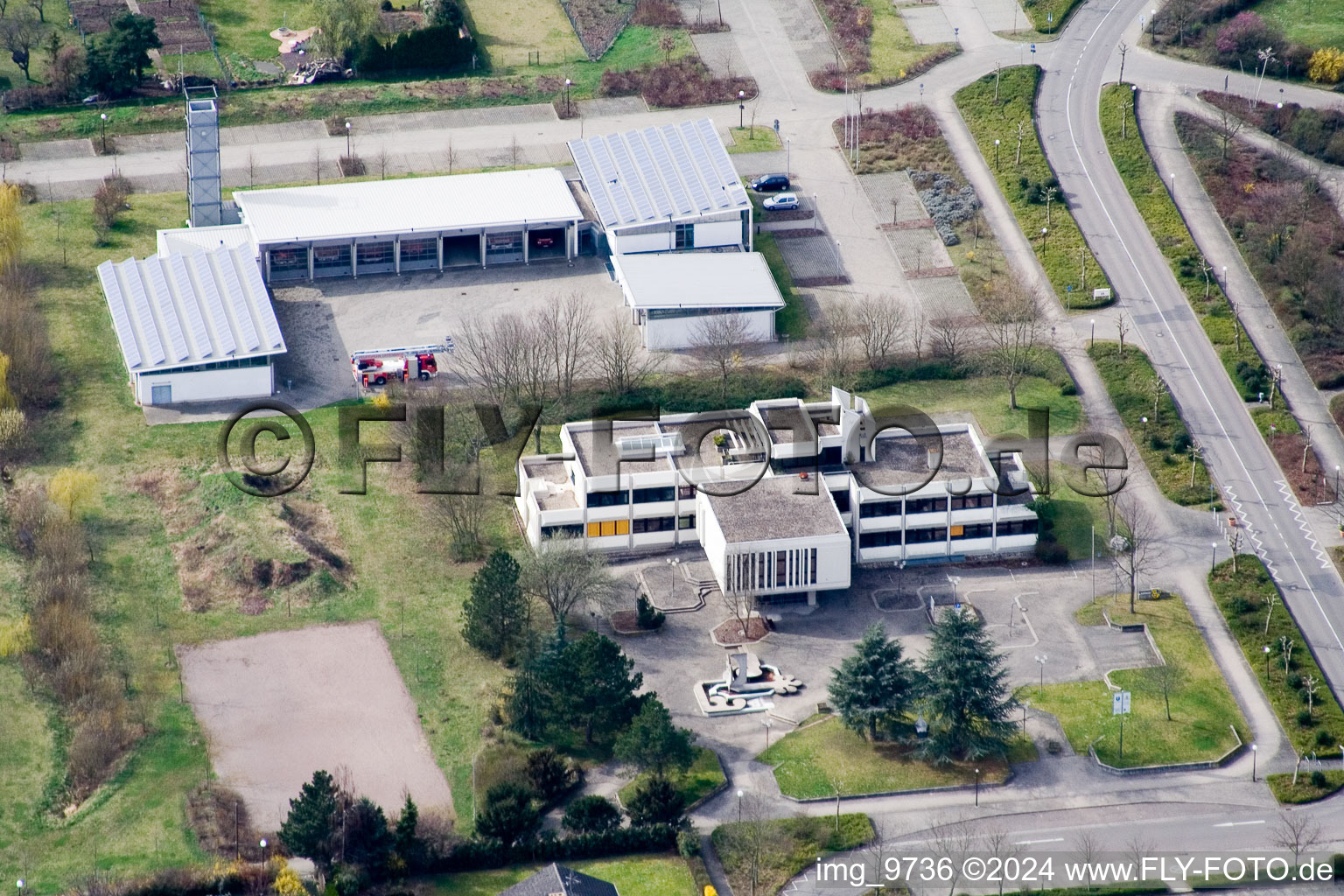 Aerial view of Association of Town Hall in Offenbach an der Queich in the state Rhineland-Palatinate, Germany