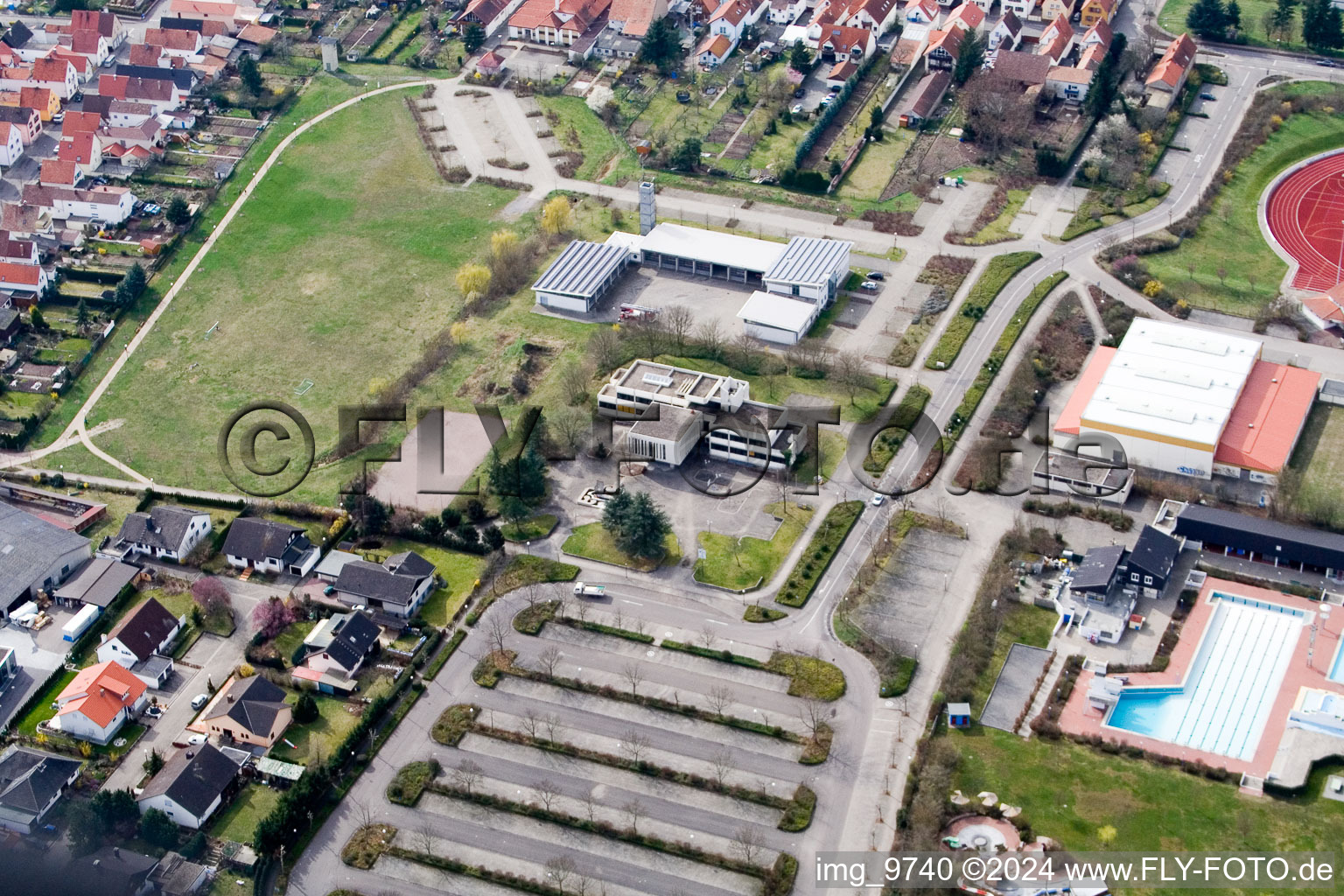 Association of Town Hall in Offenbach an der Queich in the state Rhineland-Palatinate, Germany from above