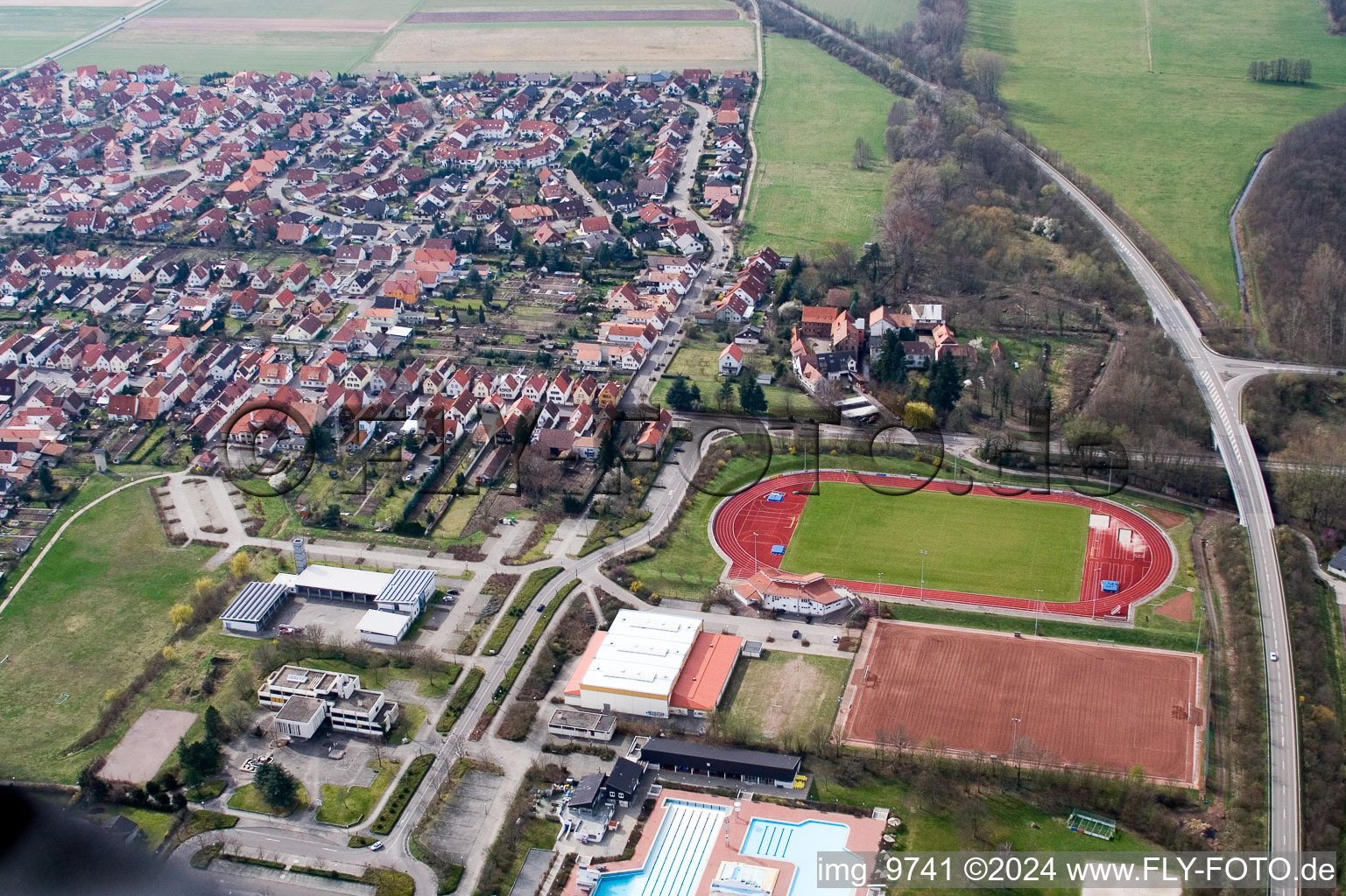 Offenbach an der Queich in the state Rhineland-Palatinate, Germany seen from above