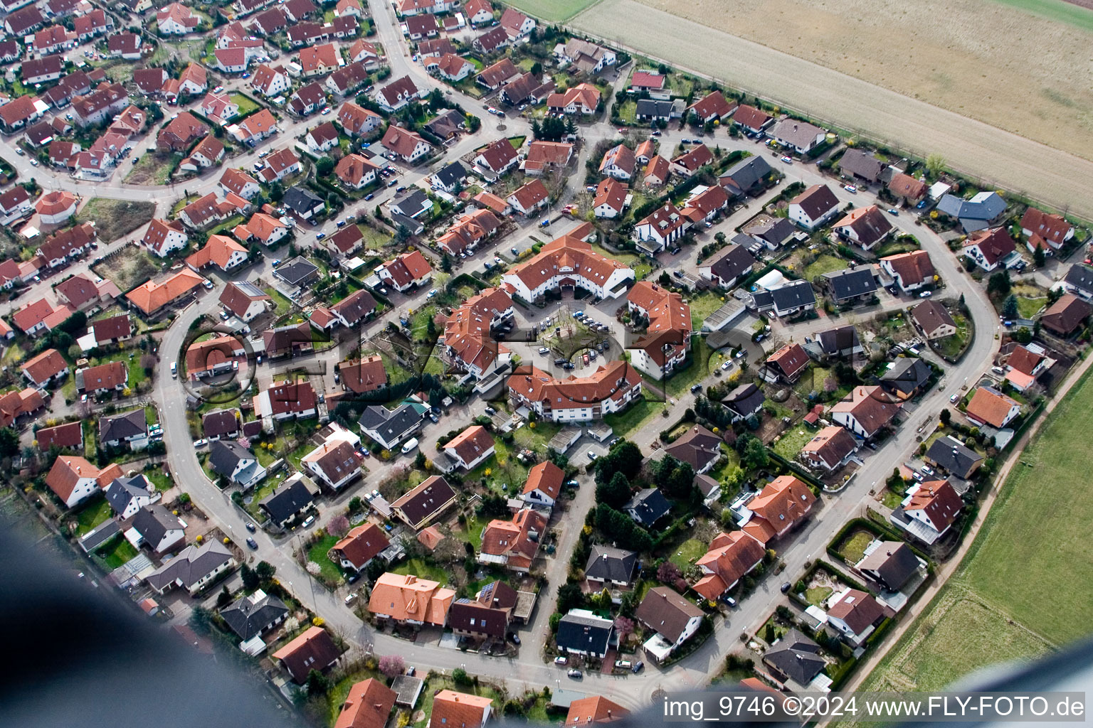 Aerial view of Queichtalring in Offenbach an der Queich in the state Rhineland-Palatinate, Germany