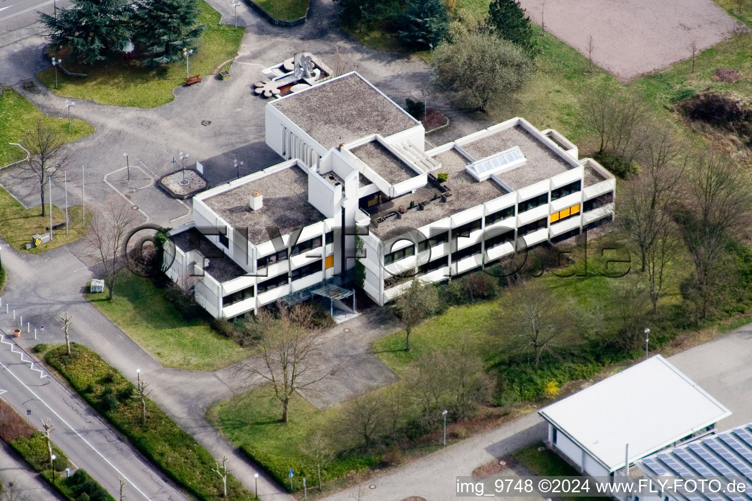 Aerial view of Town Hall building of the city administration of Verbandsgemeinde Offenbach on Queich in Offenbach an der Queich in the state Rhineland-Palatinate, Germany