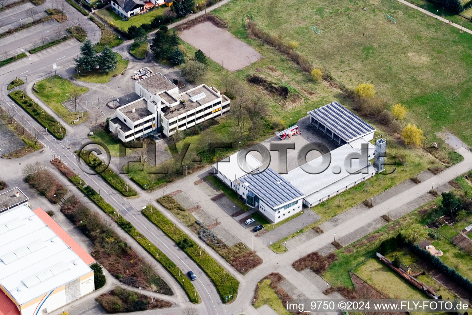 Municipality Town Hall in the district Offenbach in Offenbach an der Queich in the state Rhineland-Palatinate, Germany seen from above