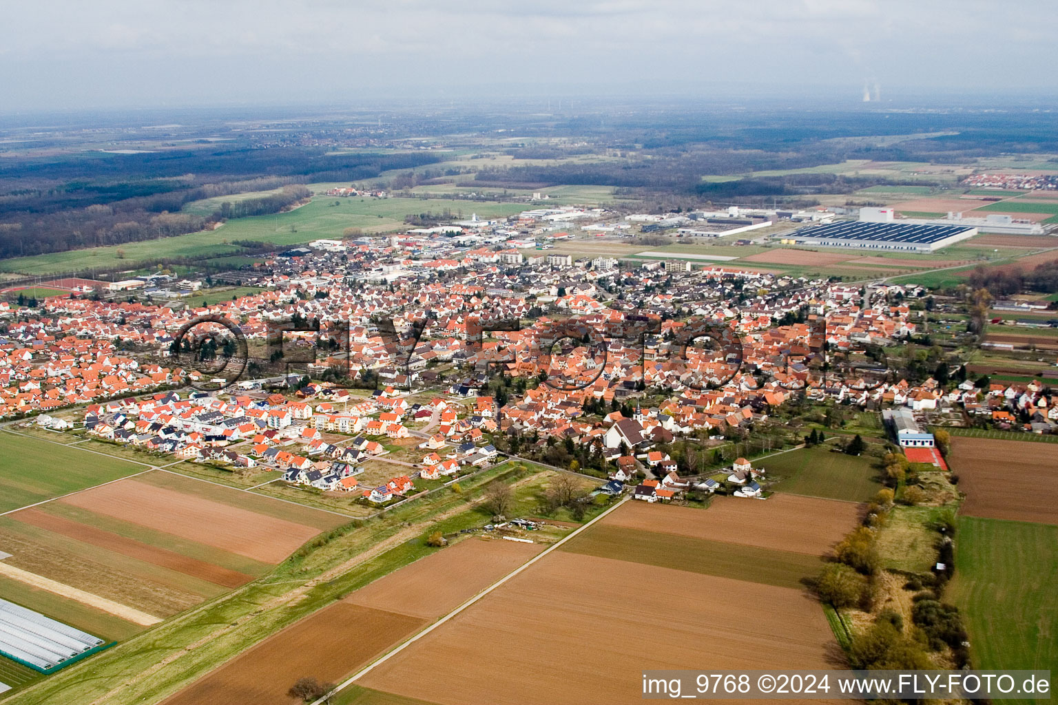 Aerial view of From the southeast in Offenbach an der Queich in the state Rhineland-Palatinate, Germany