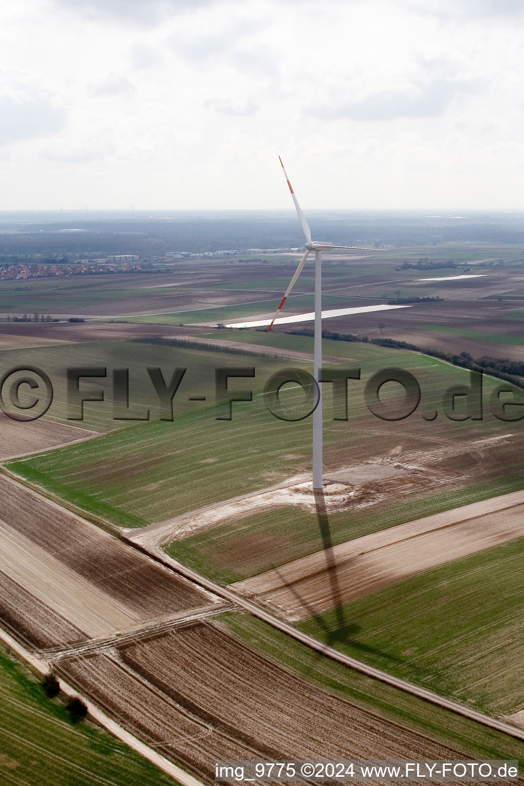 Wind turbines in Offenbach an der Queich in the state Rhineland-Palatinate, Germany seen from above