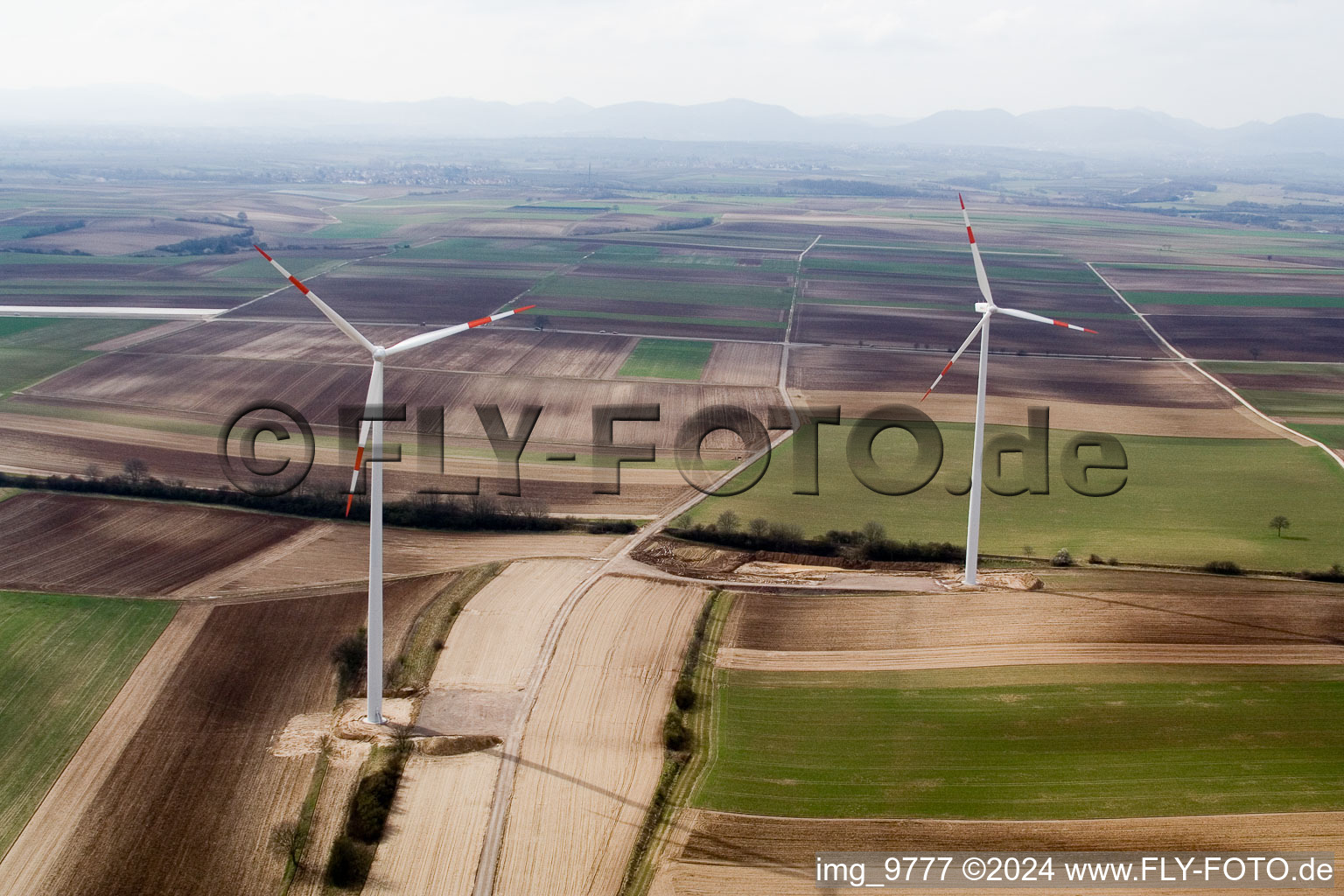 Wind turbines in Offenbach an der Queich in the state Rhineland-Palatinate, Germany from the plane