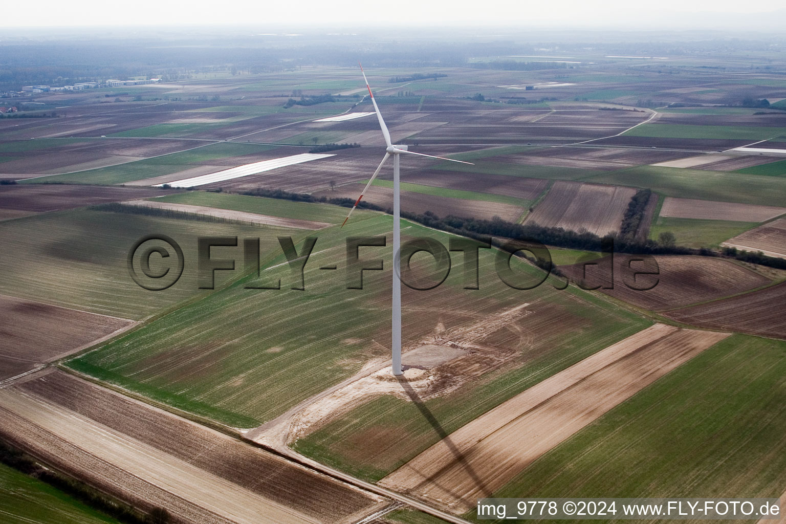 Bird's eye view of Wind turbines in Offenbach an der Queich in the state Rhineland-Palatinate, Germany