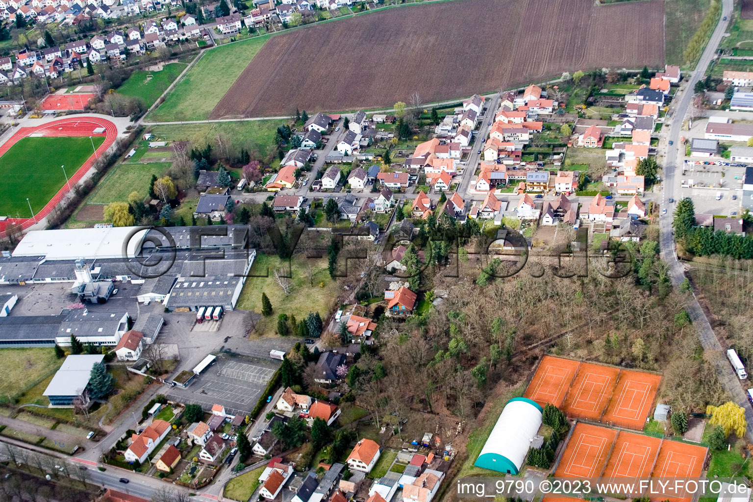 Commercial area from the south in the district Herxheim in Herxheim bei Landau/Pfalz in the state Rhineland-Palatinate, Germany