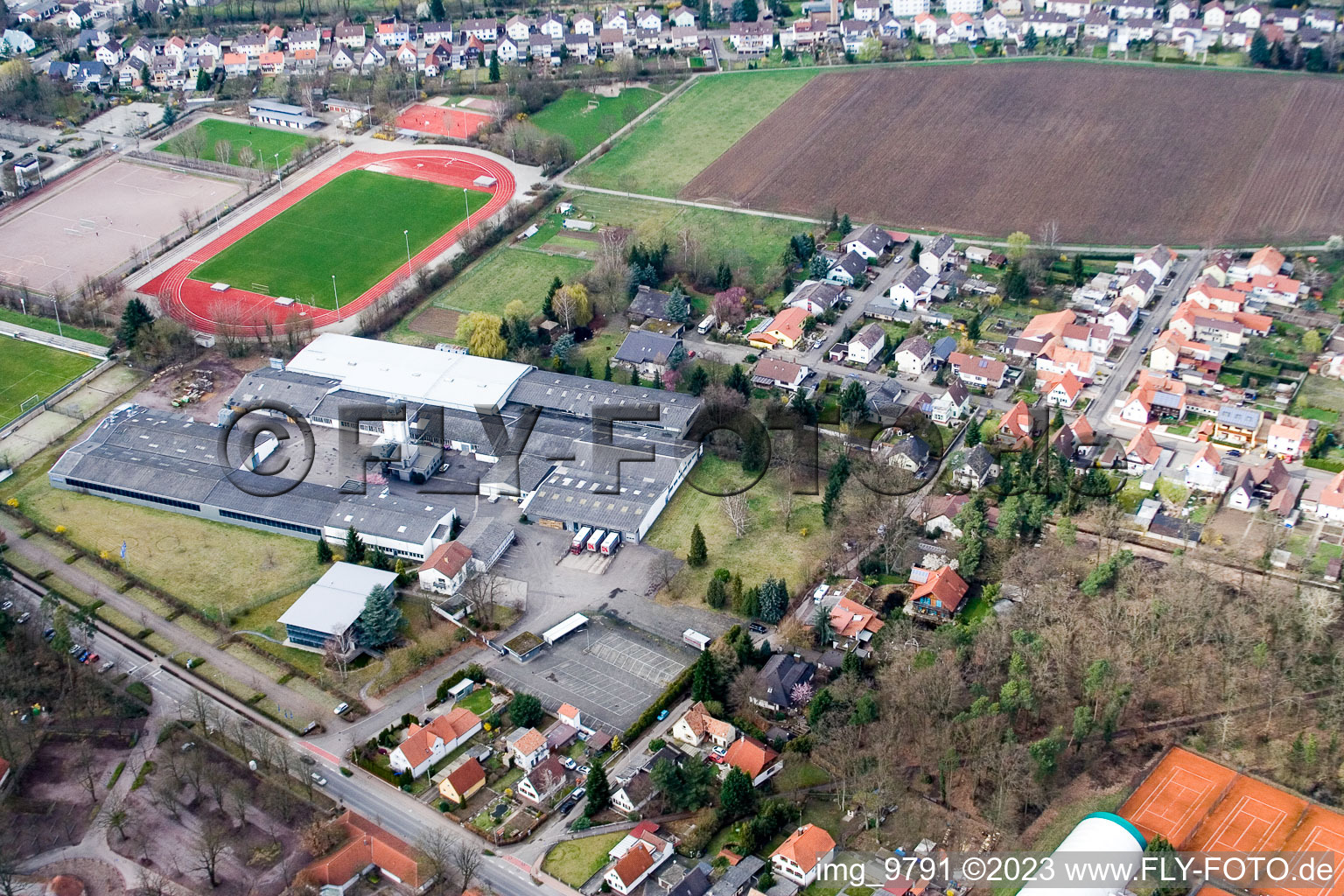 Aerial view of Commercial area from the south in the district Herxheim in Herxheim bei Landau in the state Rhineland-Palatinate, Germany