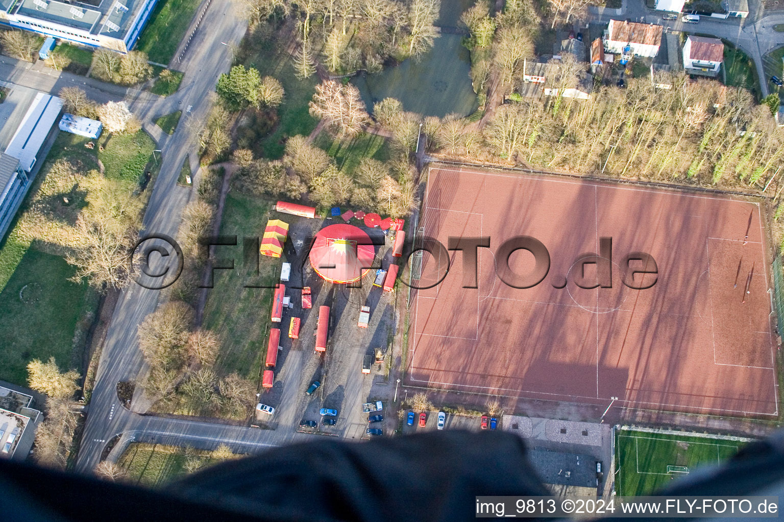 Aerial view of Circus Wisdom at the Sports Field in Kandel in the state Rhineland-Palatinate, Germany