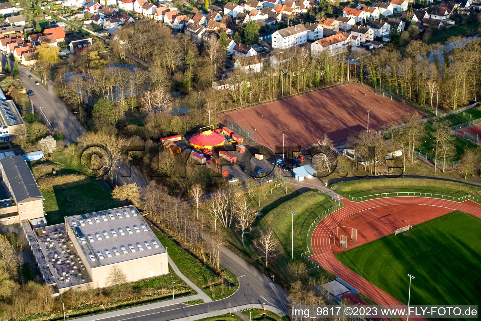 Aerial photograpy of Circus wisdom at the sports field in Kandel in the state Rhineland-Palatinate, Germany
