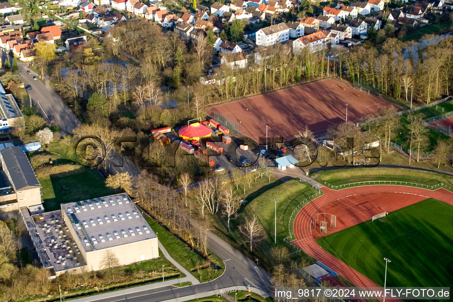 Aerial photograpy of Circus Wisdom at the Sports Field in Kandel in the state Rhineland-Palatinate, Germany