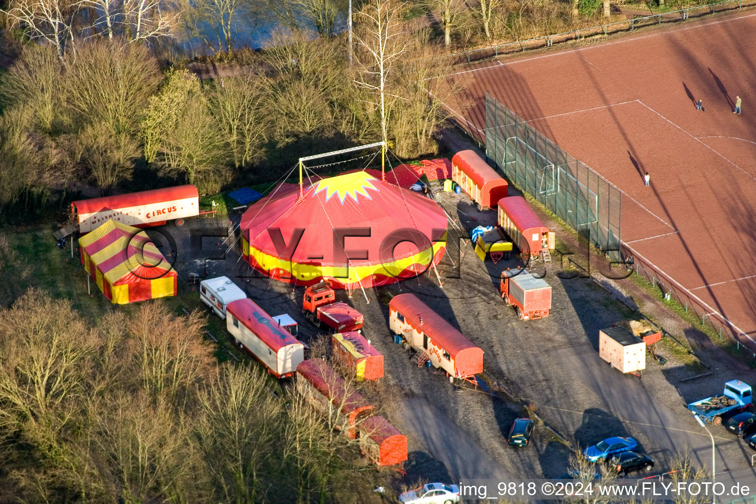 Circus tent domes of the circus Weisheit at the sport field in Kandel in the state Rhineland-Palatinate