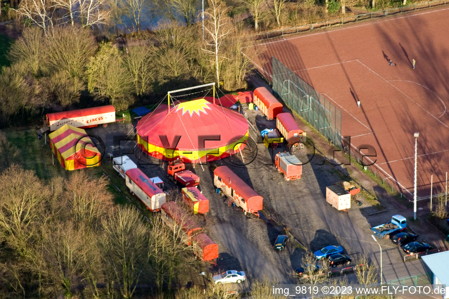 Oblique view of Circus wisdom at the sports field in Kandel in the state Rhineland-Palatinate, Germany
