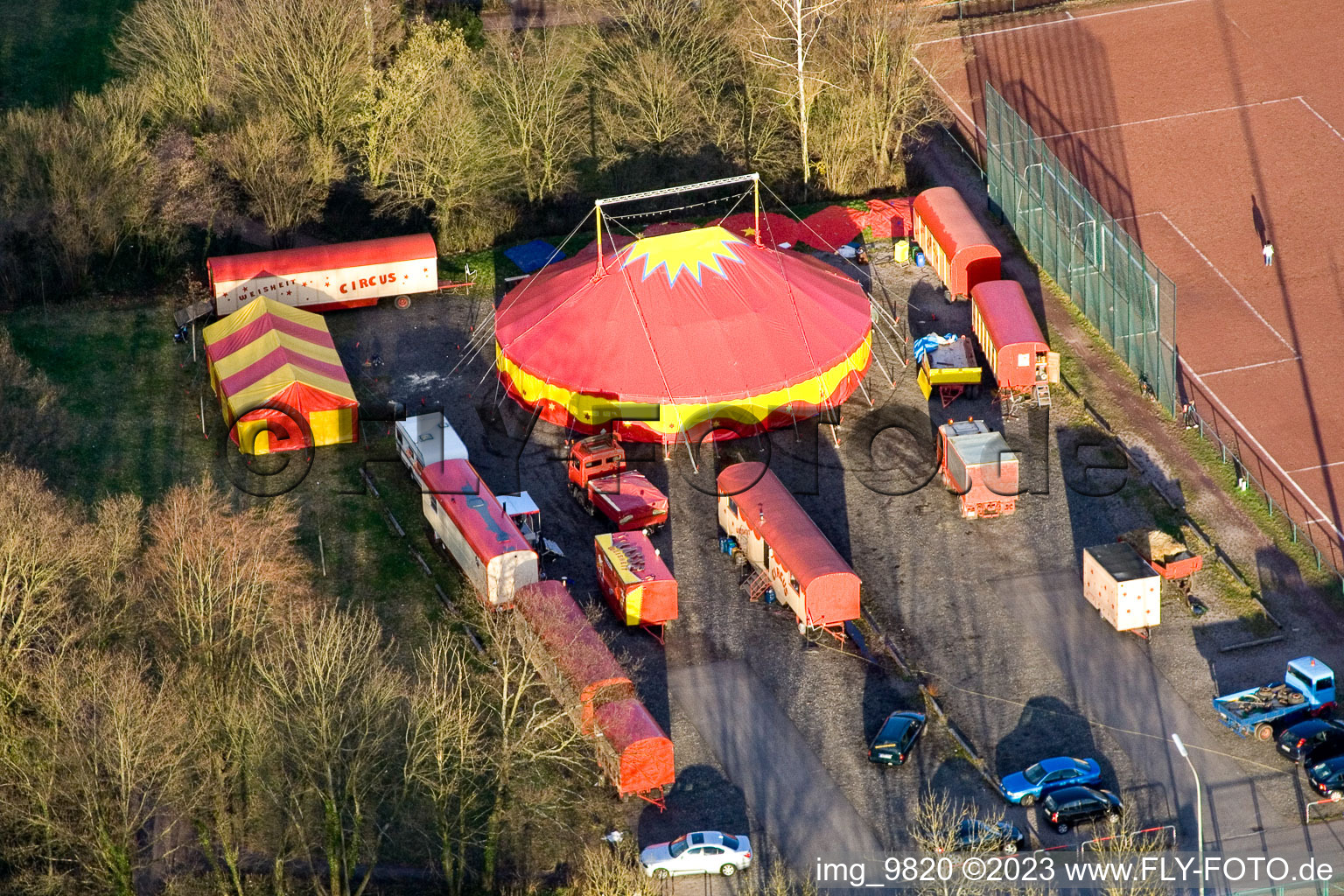 Circus wisdom at the sports field in Kandel in the state Rhineland-Palatinate, Germany from above