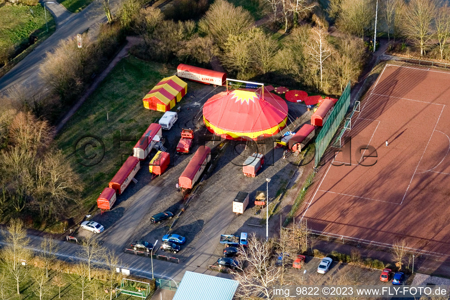 Circus wisdom at the sports field in Kandel in the state Rhineland-Palatinate, Germany seen from above