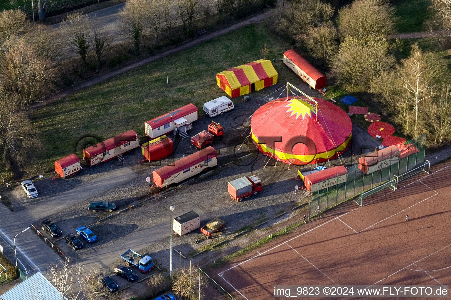 Circus Wisdom at the Sports Field in Kandel in the state Rhineland-Palatinate, Germany from the plane