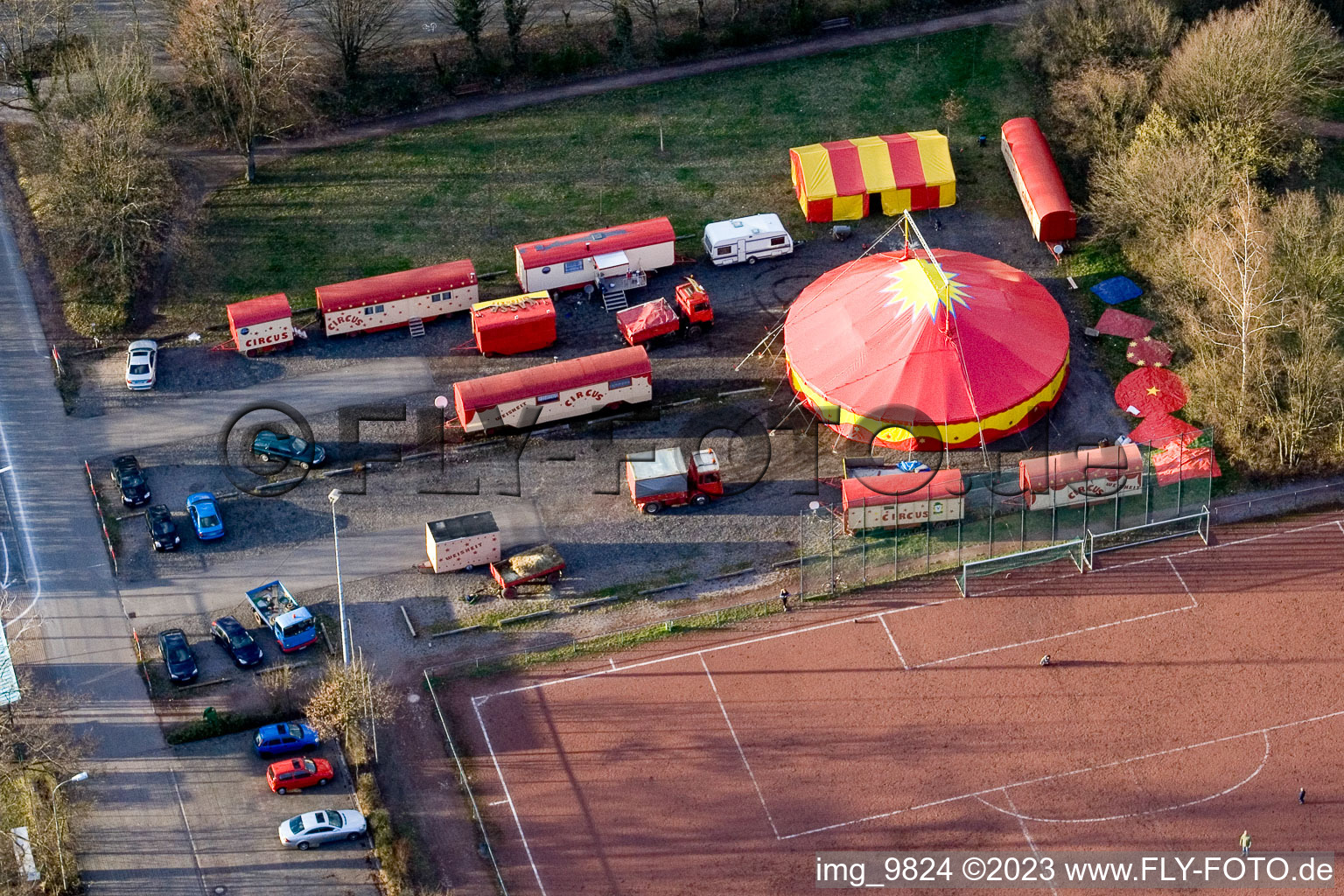 Bird's eye view of Circus wisdom at the sports field in Kandel in the state Rhineland-Palatinate, Germany