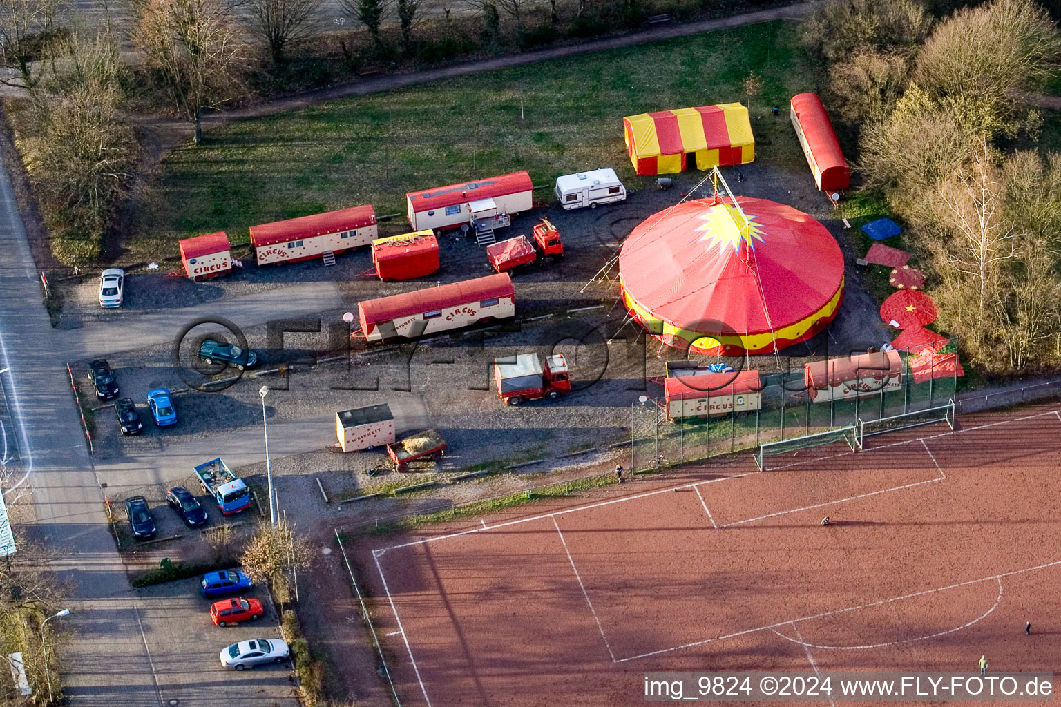 Bird's eye view of Circus Wisdom at the Sports Field in Kandel in the state Rhineland-Palatinate, Germany