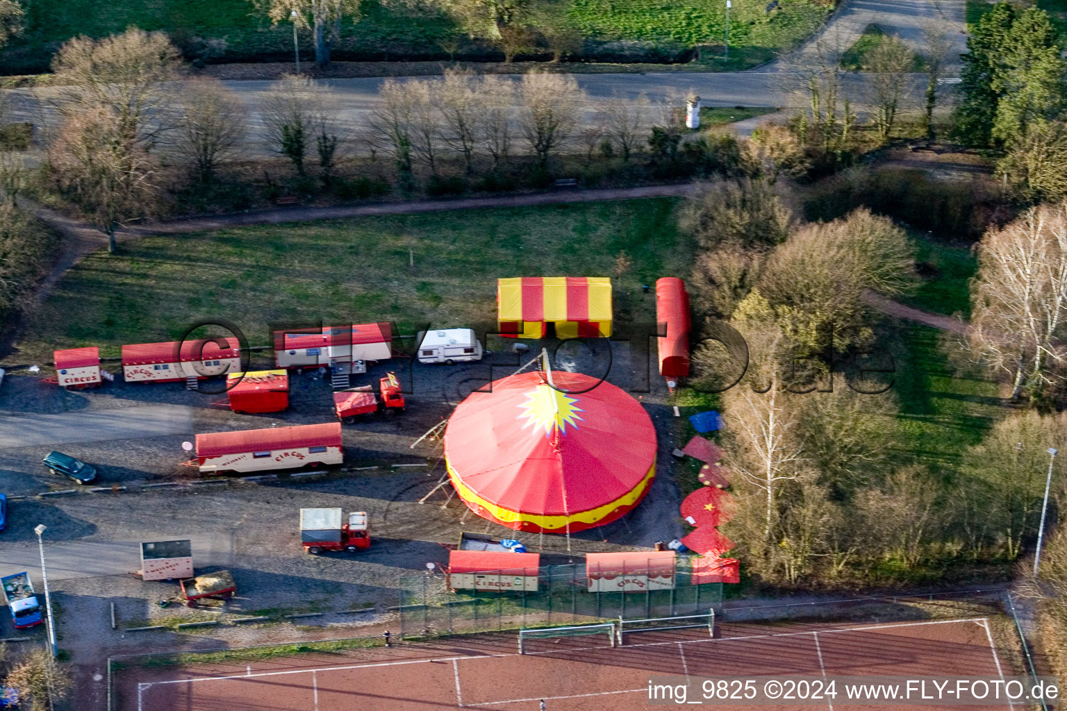 Circus Wisdom at the Sports Field in Kandel in the state Rhineland-Palatinate, Germany viewn from the air