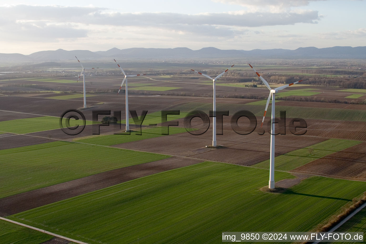 Aerial view of Wind turbine windmills on a field in Minfeld in the state Rhineland-Palatinate