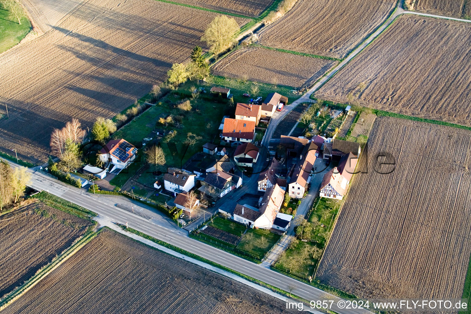 Drone recording of Welschhof in Minfeld in the state Rhineland-Palatinate, Germany