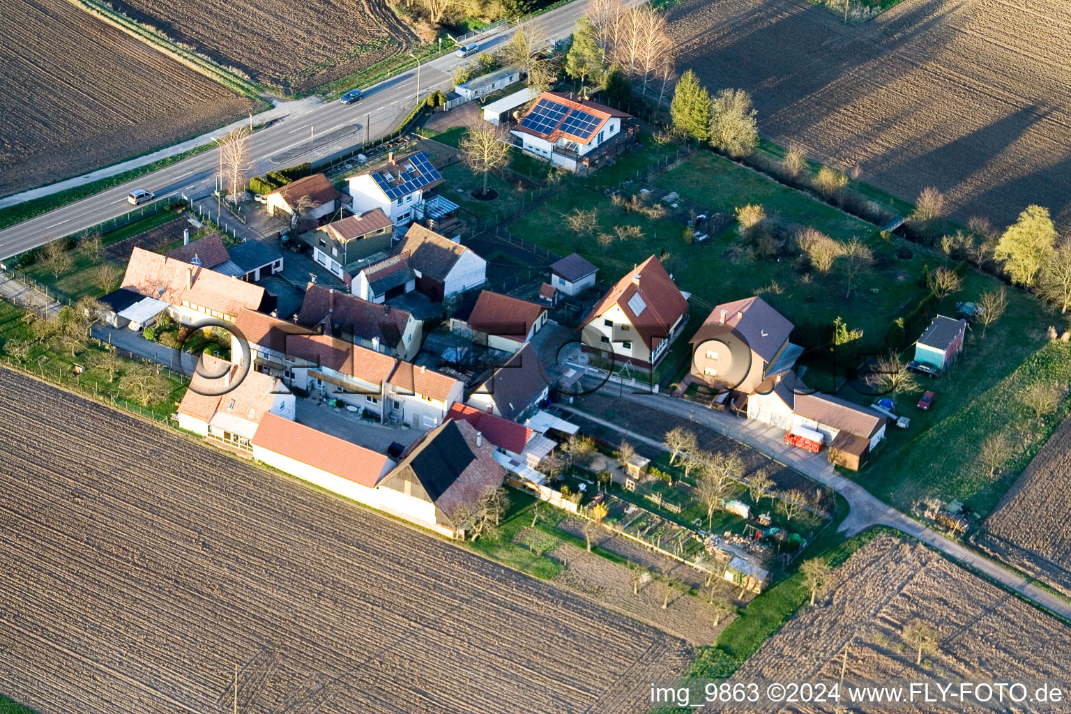 Aerial view of Welschhof in Minfeld in the state Rhineland-Palatinate, Germany