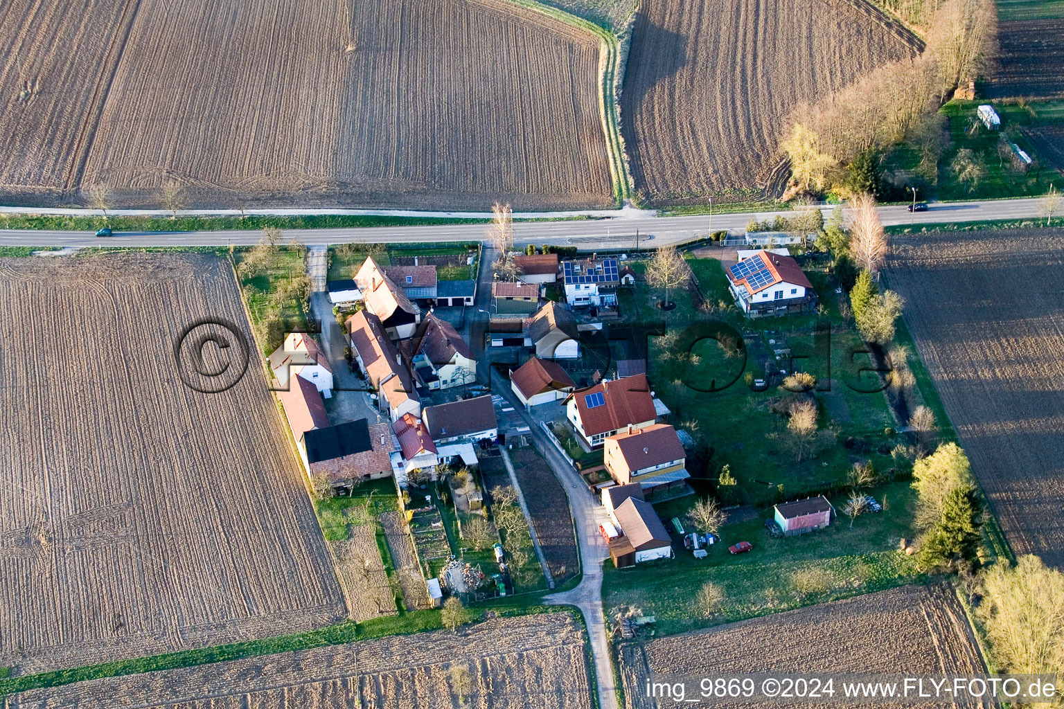 Welschhof in Minfeld in the state Rhineland-Palatinate, Germany seen from above