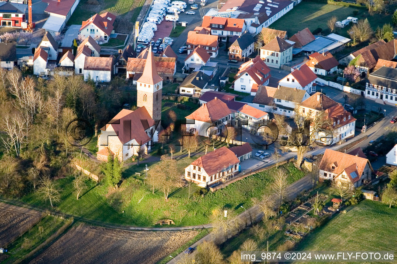 Evangelical Church from the West in Minfeld in the state Rhineland-Palatinate, Germany