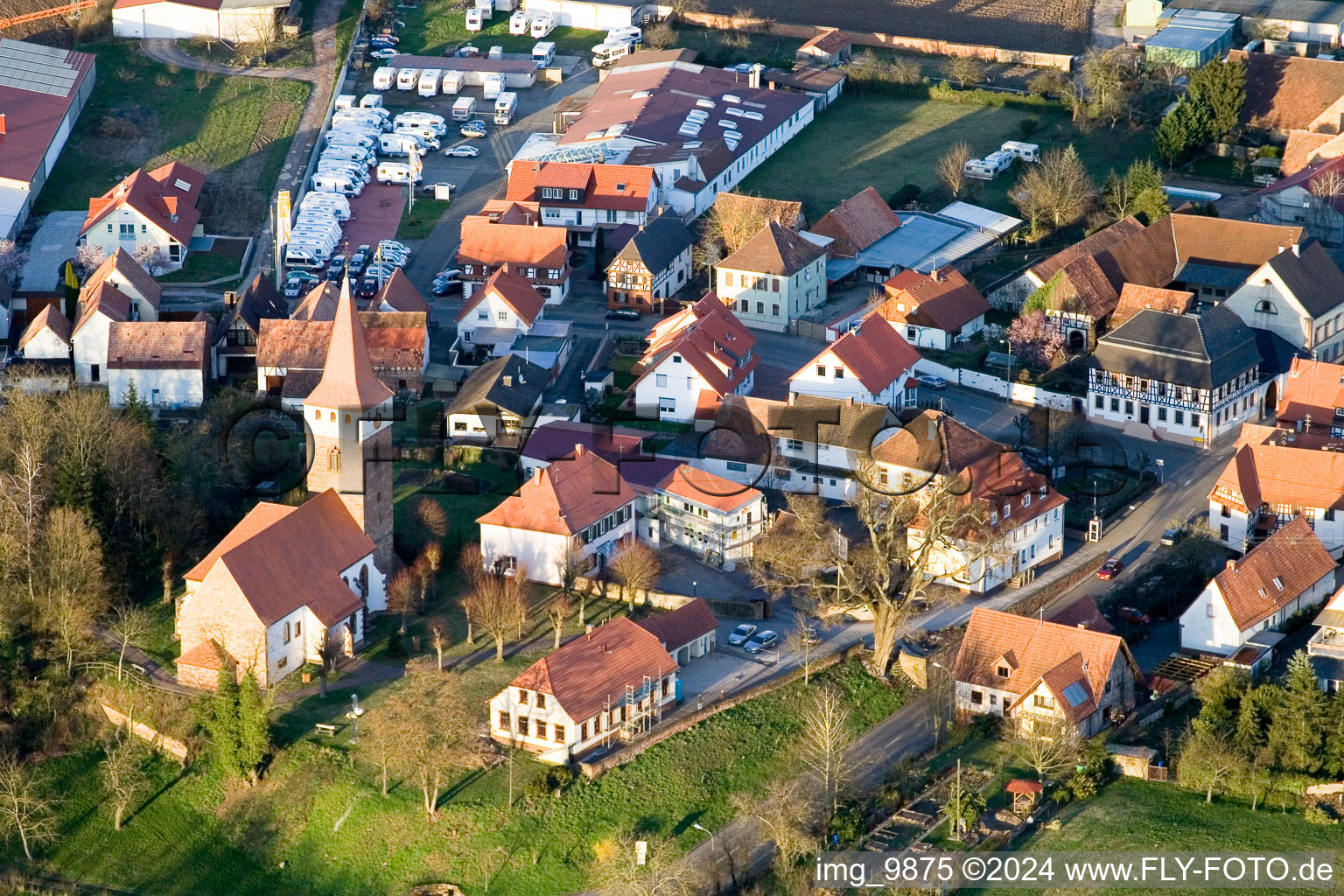 Aerial view of Evangelical Church from the West in Minfeld in the state Rhineland-Palatinate, Germany