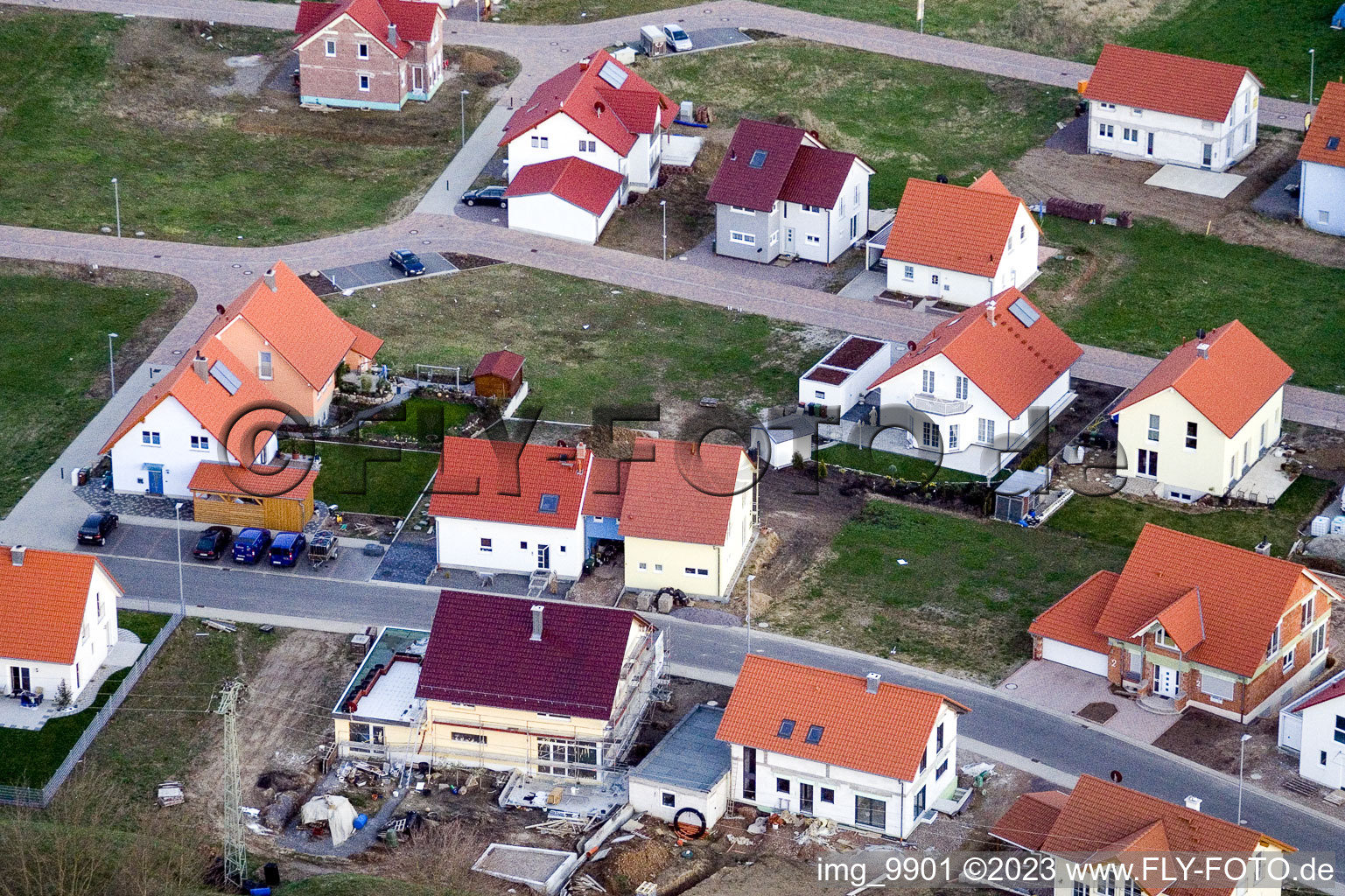 Aerial view of New development area NE in the district Schaidt in Wörth am Rhein in the state Rhineland-Palatinate, Germany