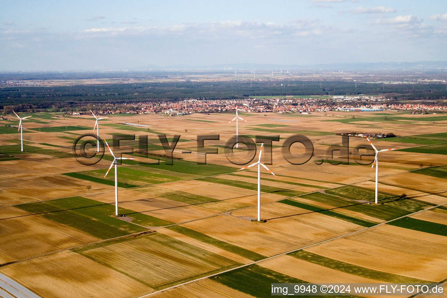 Aerial view of Wind turbines in Herxheimweyher in the state Rhineland-Palatinate, Germany