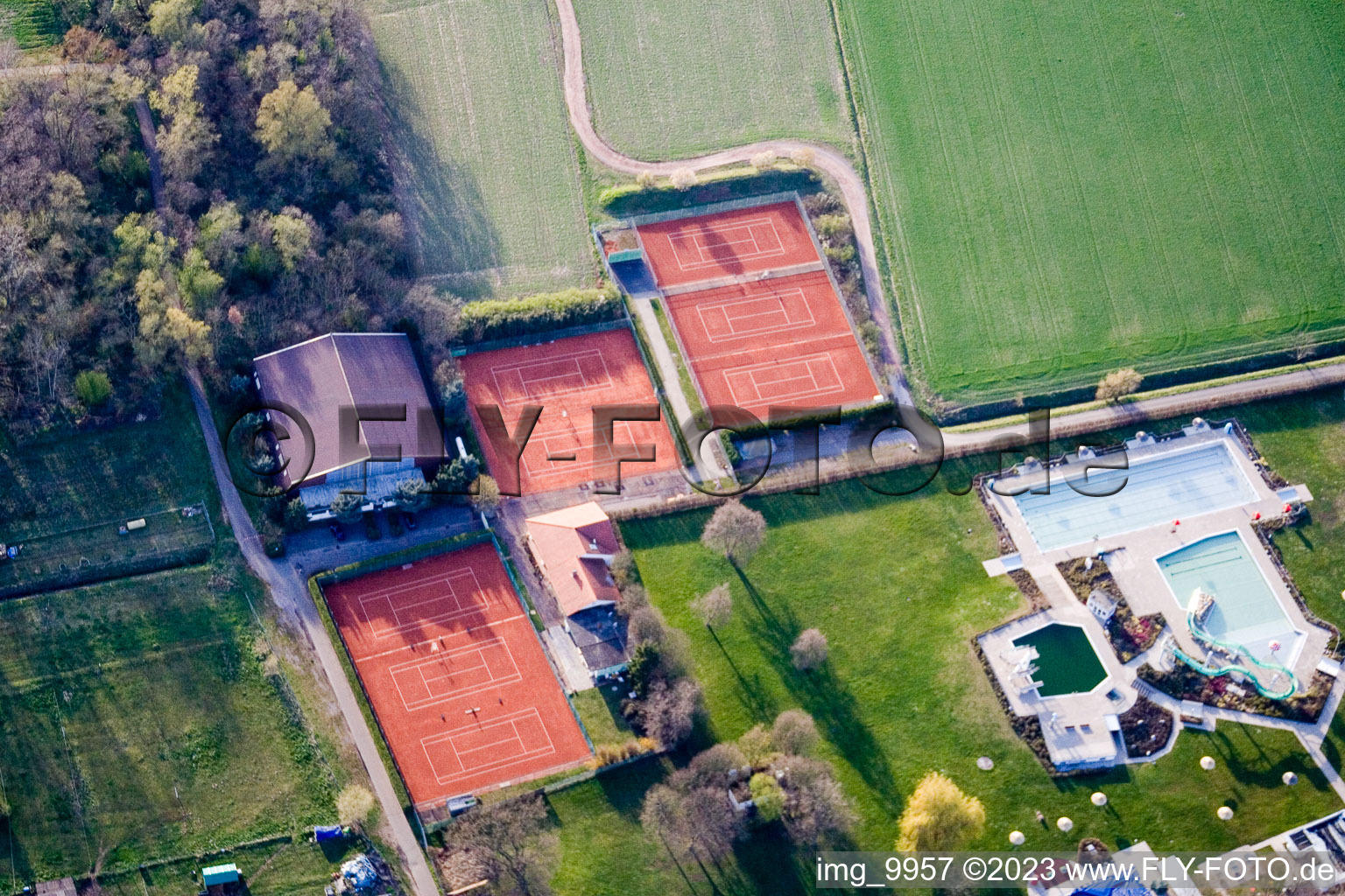 Aerial view of Tennis court in Bellheim in the state Rhineland-Palatinate, Germany